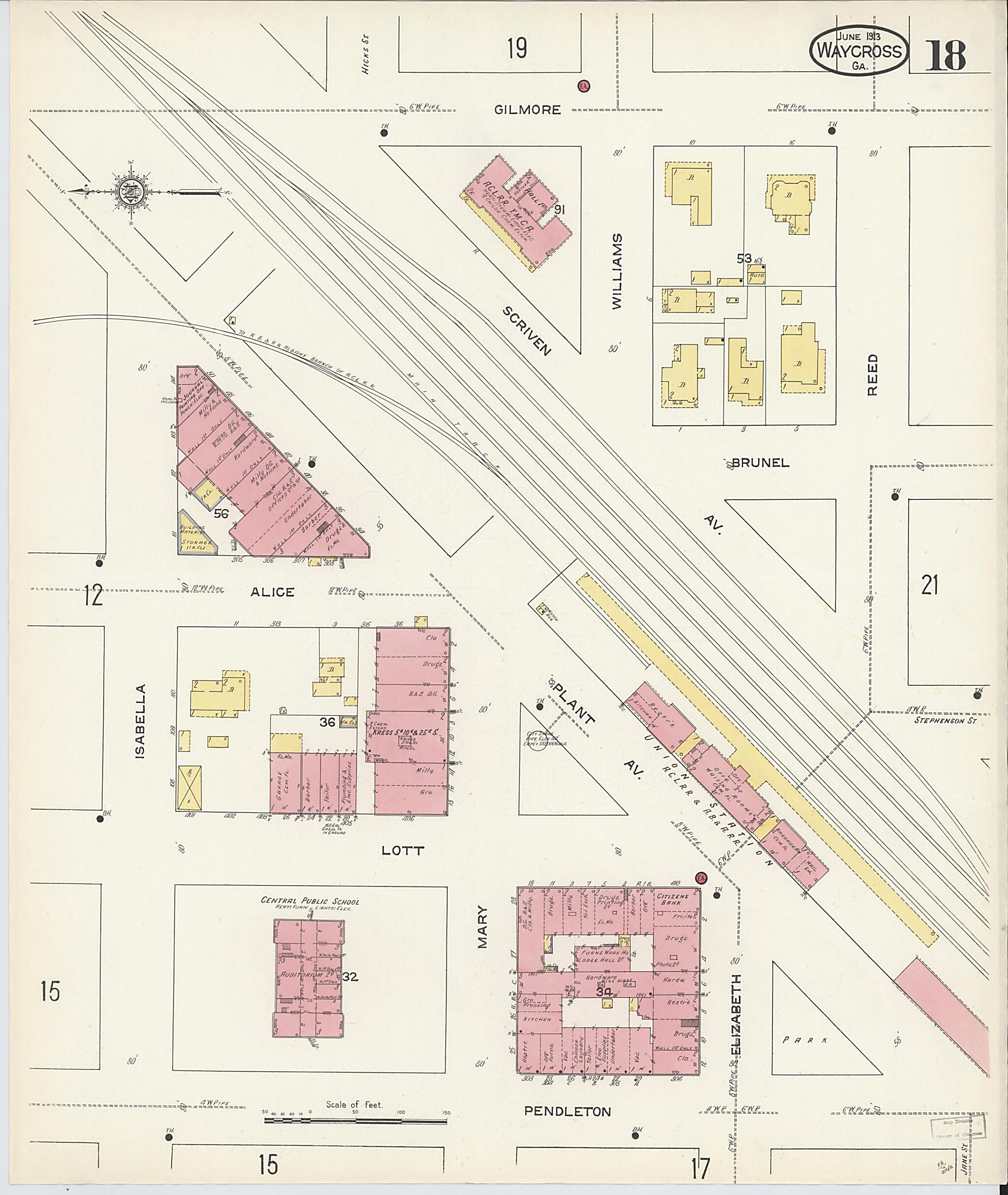 This old map of Waycross, Ware County, Georgia was created by Sanborn Map Company in 1913