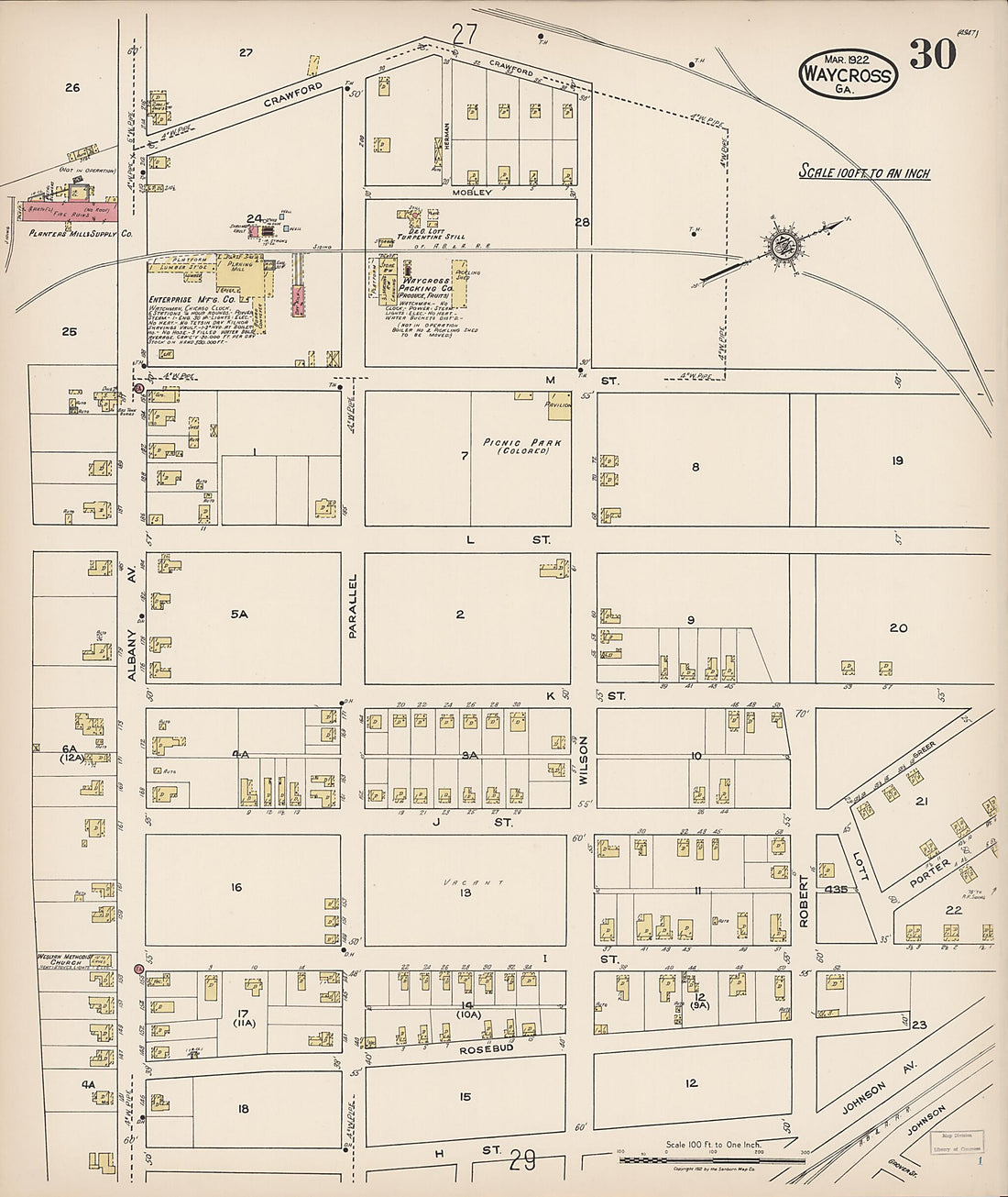 This old map of Waycross, Ware County, Georgia was created by Sanborn Map Company in 1922
