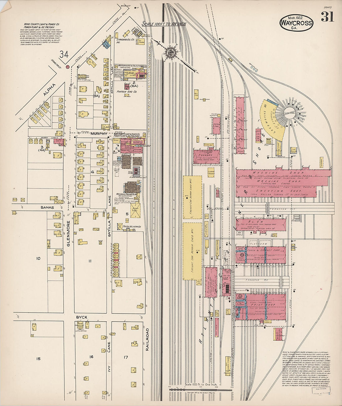 This old map of Waycross, Ware County, Georgia was created by Sanborn Map Company in 1922