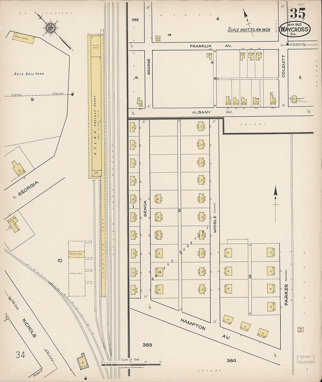 This old map of Waycross, Ware County, Georgia was created by Sanborn Map Company in 1922