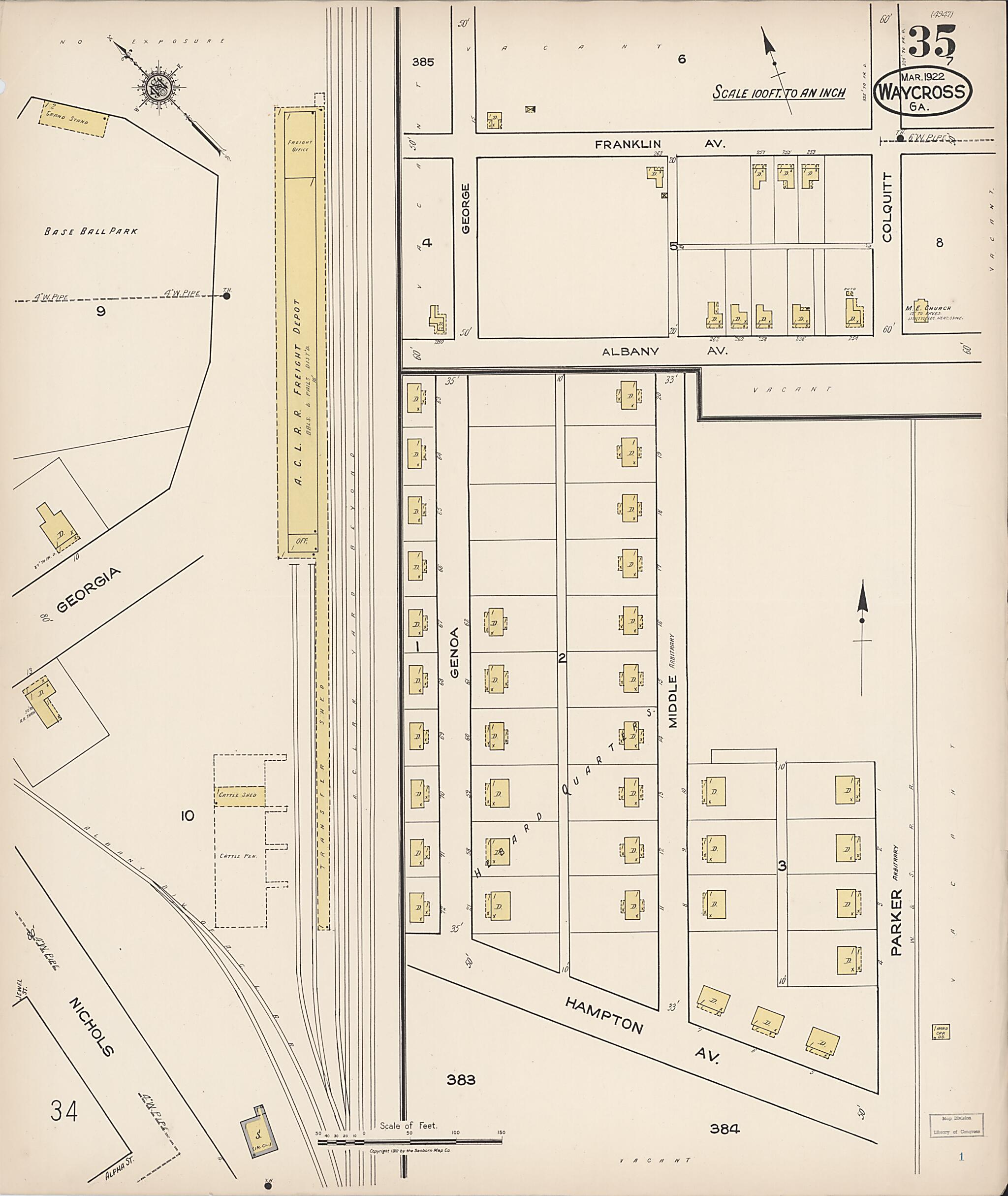 This old map of Waycross, Ware County, Georgia was created by Sanborn Map Company in 1922