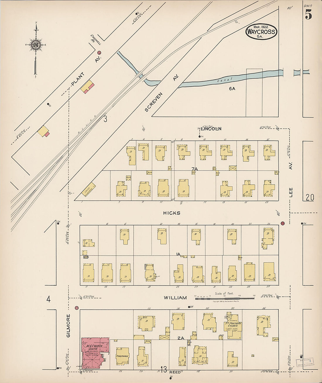 This old map of Waycross, Ware County, Georgia was created by Sanborn Map Company in 1922