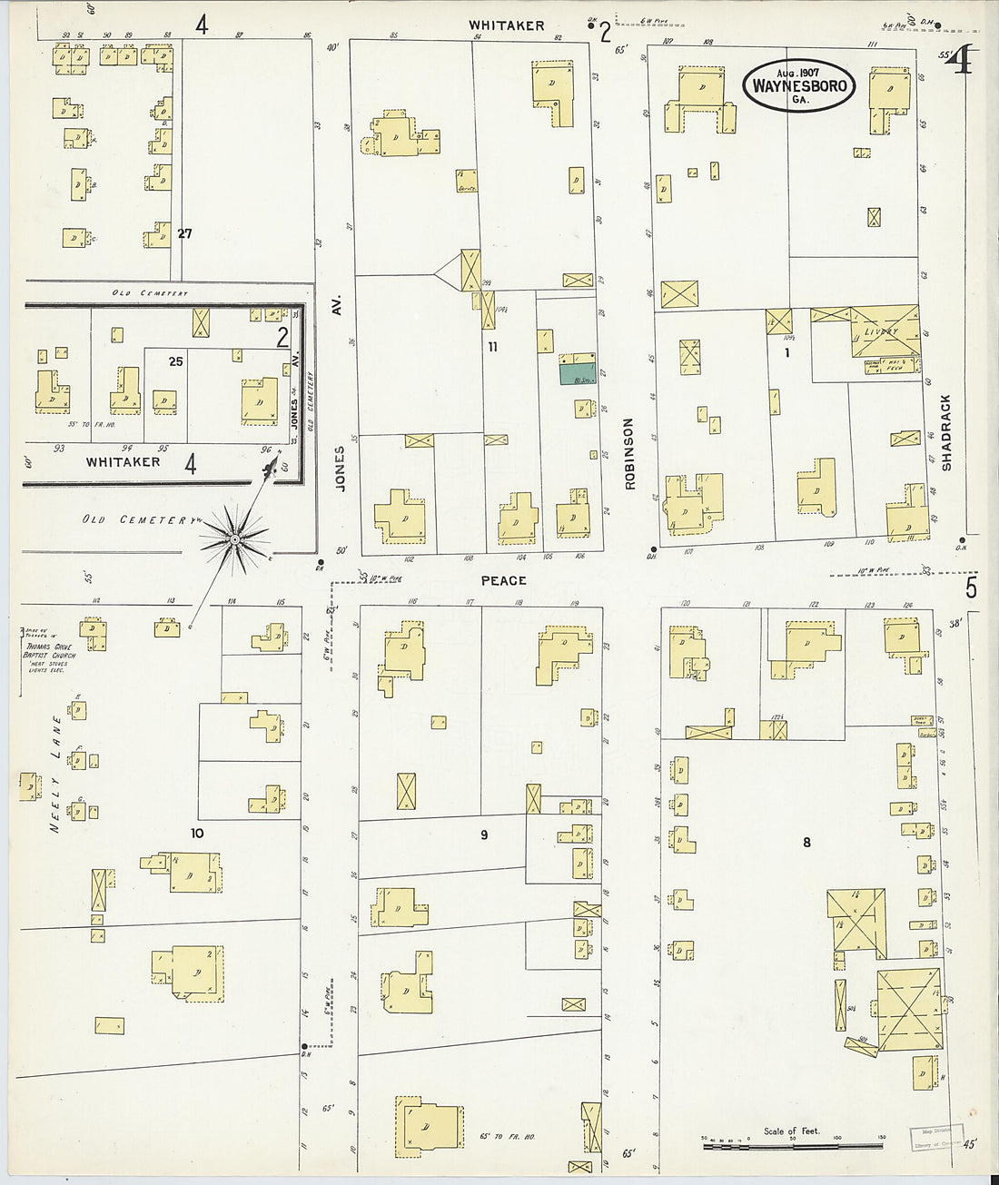 This old map of Waynesboro, Burke County, Georgia was created by Sanborn Map Company in 1907