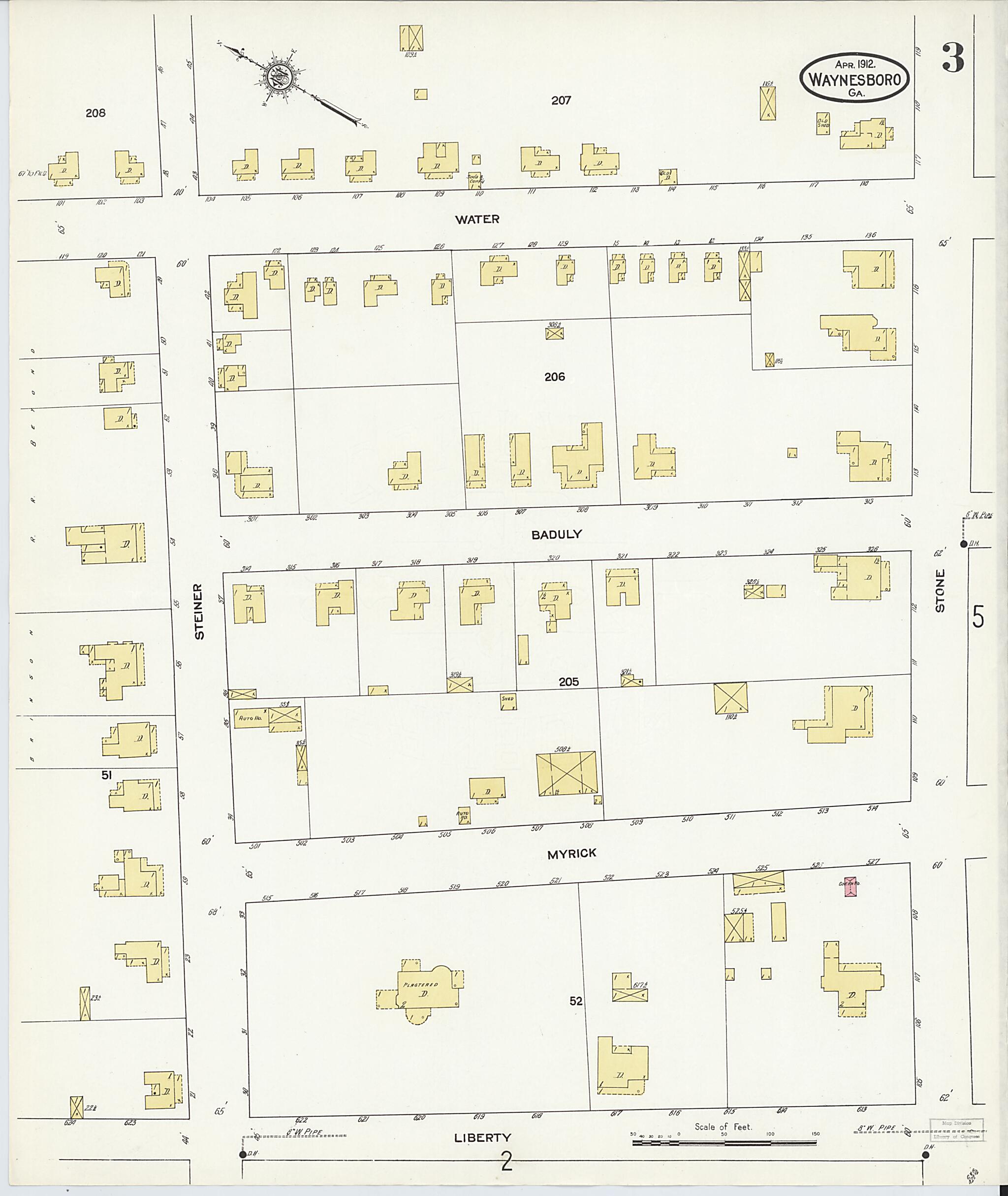This old map of Waynesboro, Burke County, Georgia was created by Sanborn Map Company in 1912