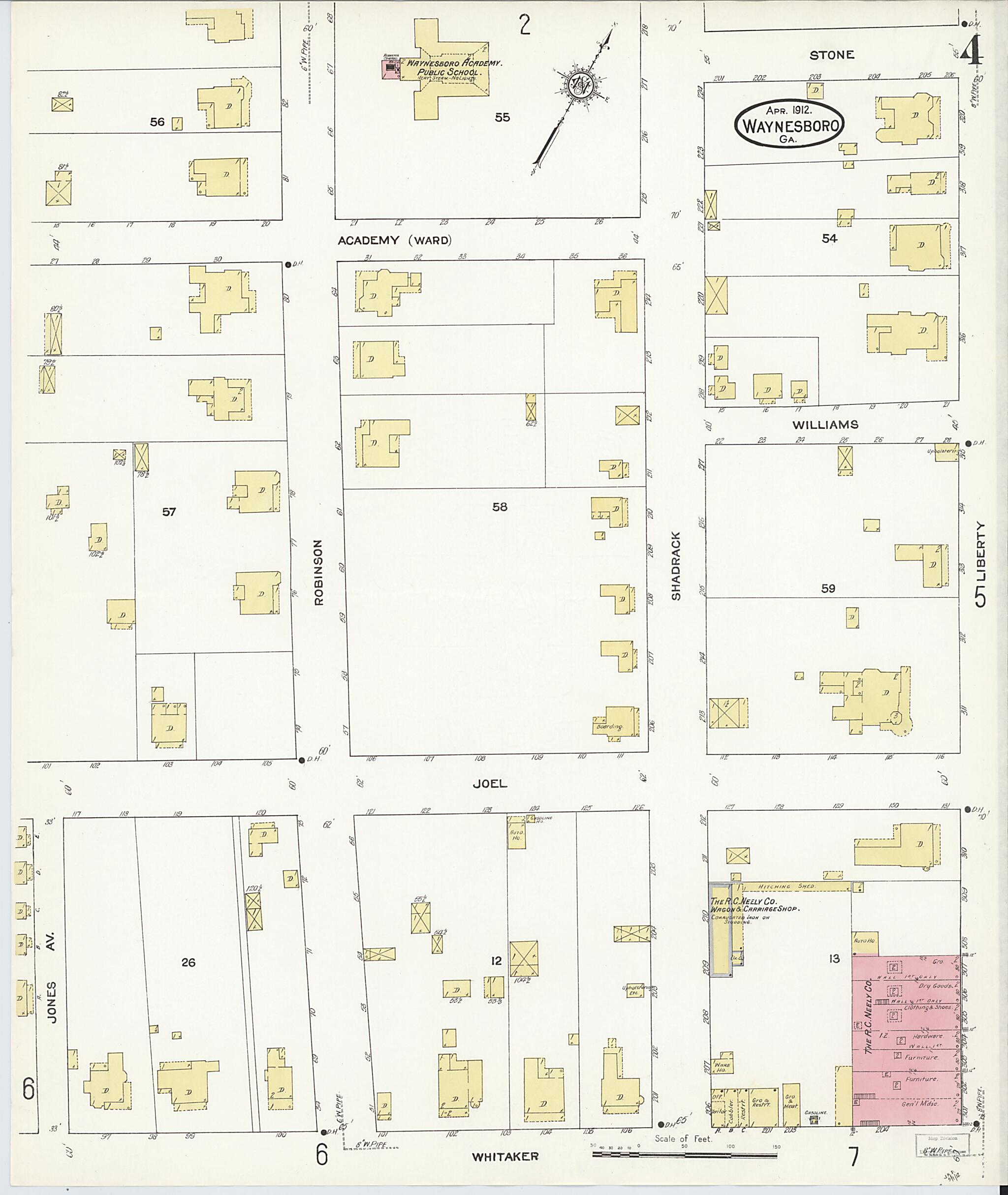 This old map of Waynesboro, Burke County, Georgia was created by Sanborn Map Company in 1912