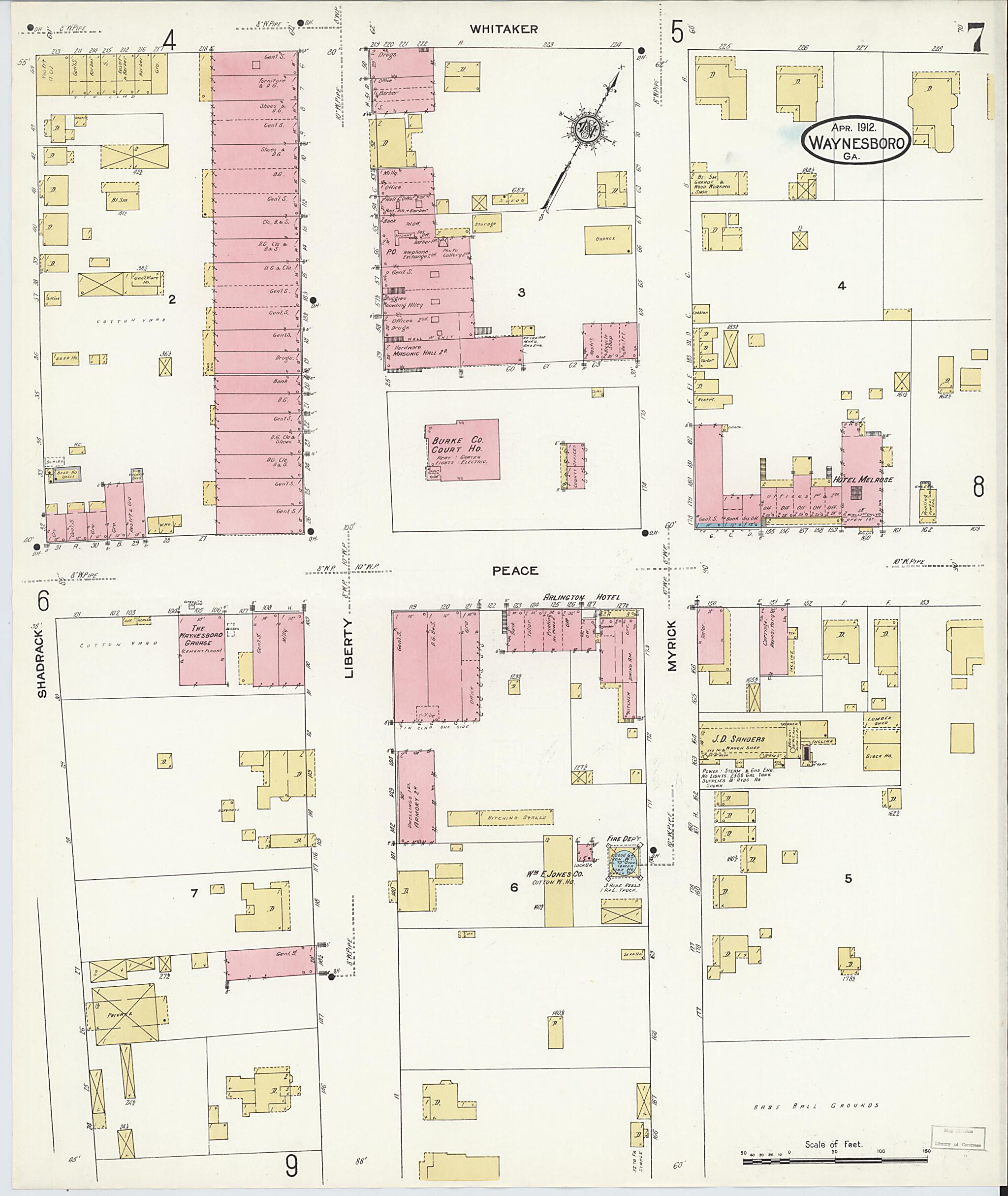 This old map of Waynesboro, Burke County, Georgia was created by Sanborn Map Company in 1912