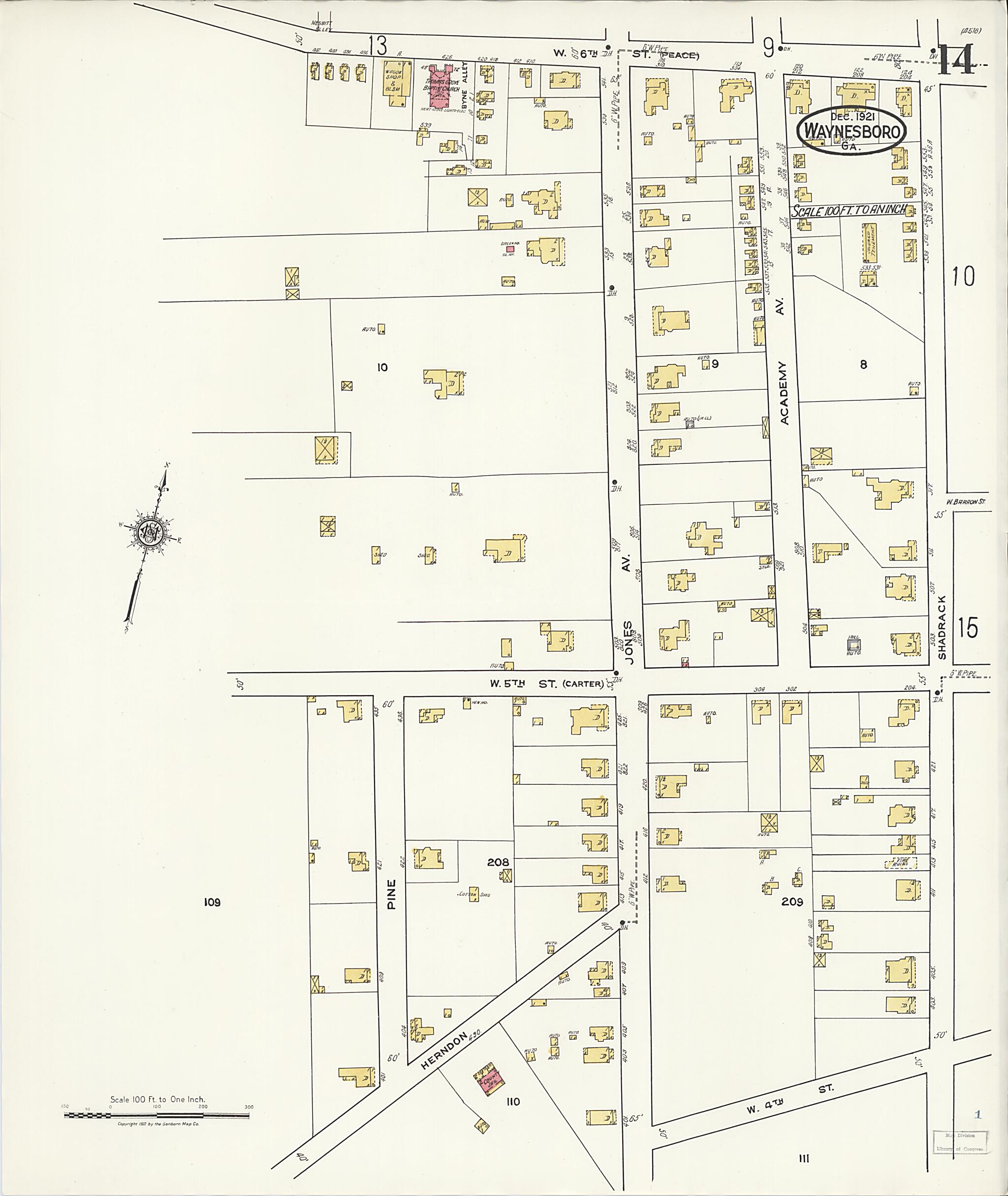 This old map of Waynesboro, Burke County, Georgia was created by Sanborn Map Company in 1921
