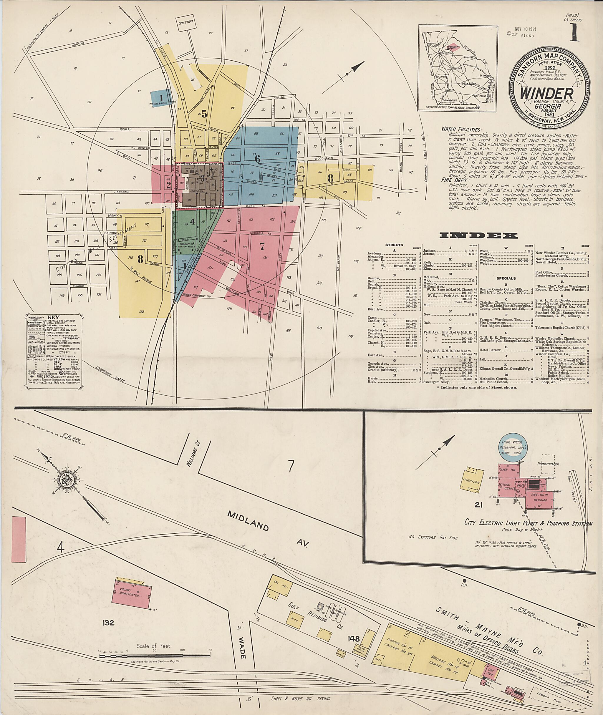This old map of Winder, Barrow County, Georgia was created by Sanborn Map Company in 1921