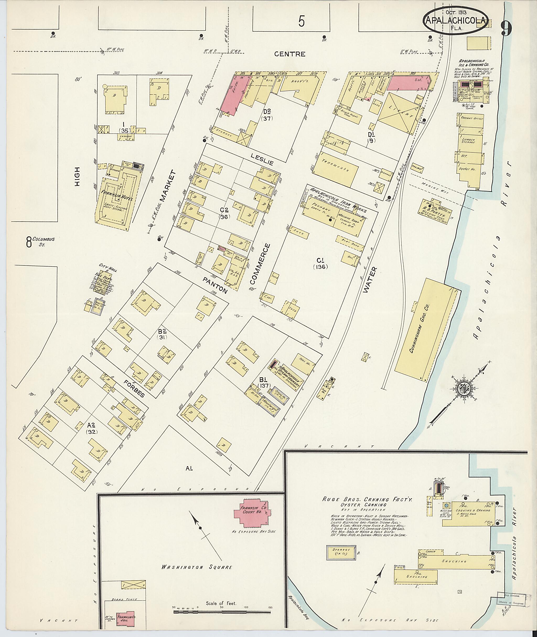 This old map of Apalachicola, Franklin County, Florida was created by Sanborn Map Company in 1913