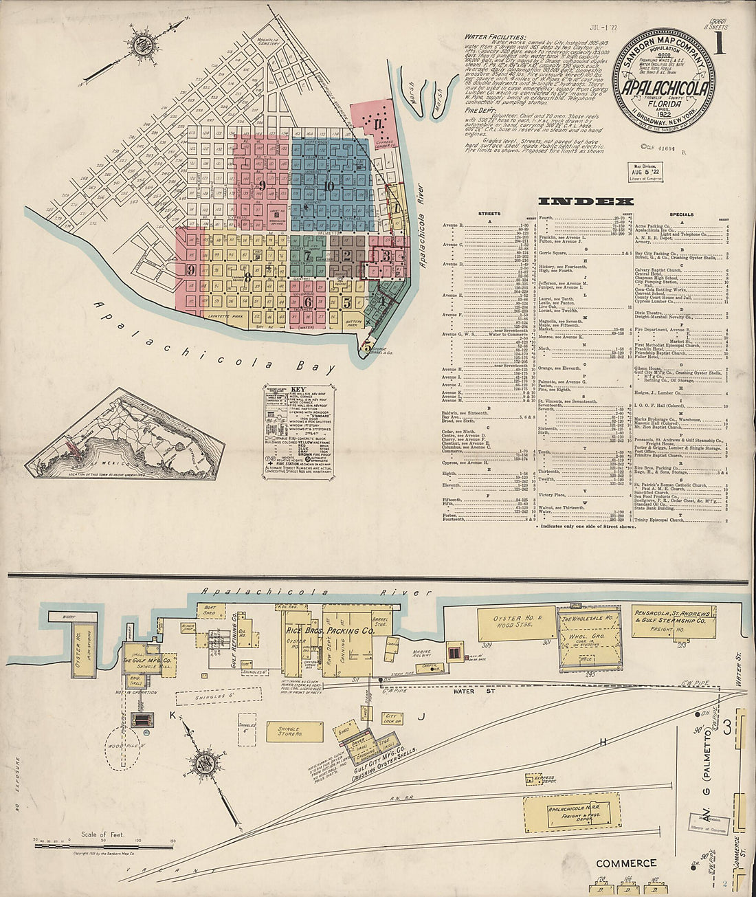 This old map of Apalachicola, Franklin County, Florida was created by Sanborn Map Company in 1922