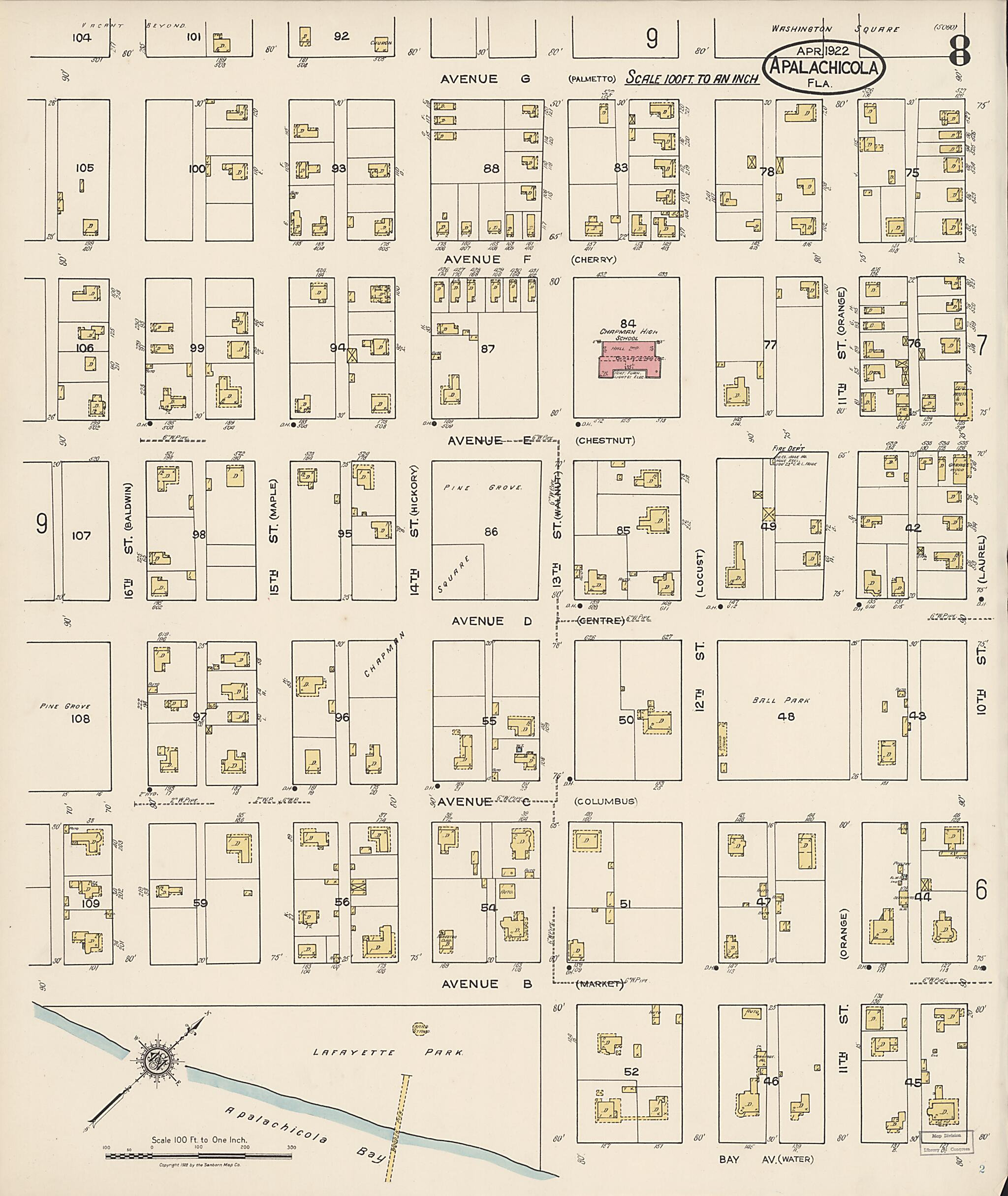 This old map of Apalachicola, Franklin County, Florida was created by Sanborn Map Company in 1922