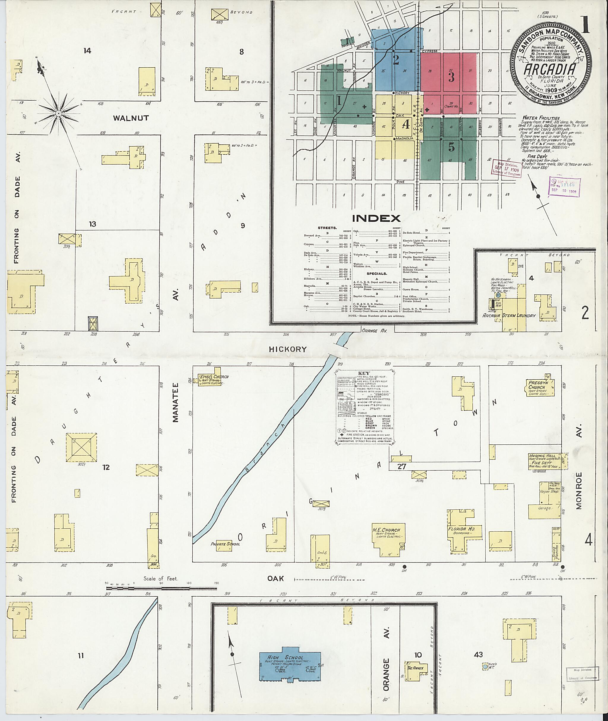This old map of Arcadia, Desoto County, Florida was created by Sanborn Map Company in 1909