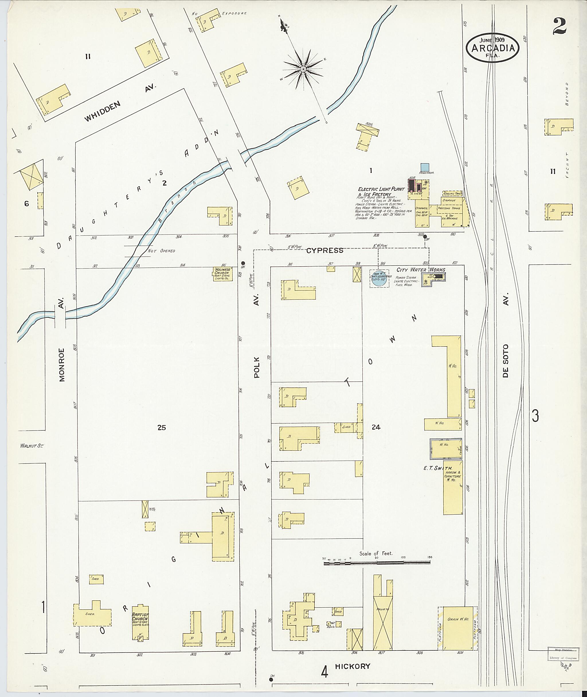 This old map of Arcadia, Desoto County, Florida was created by Sanborn Map Company in 1909