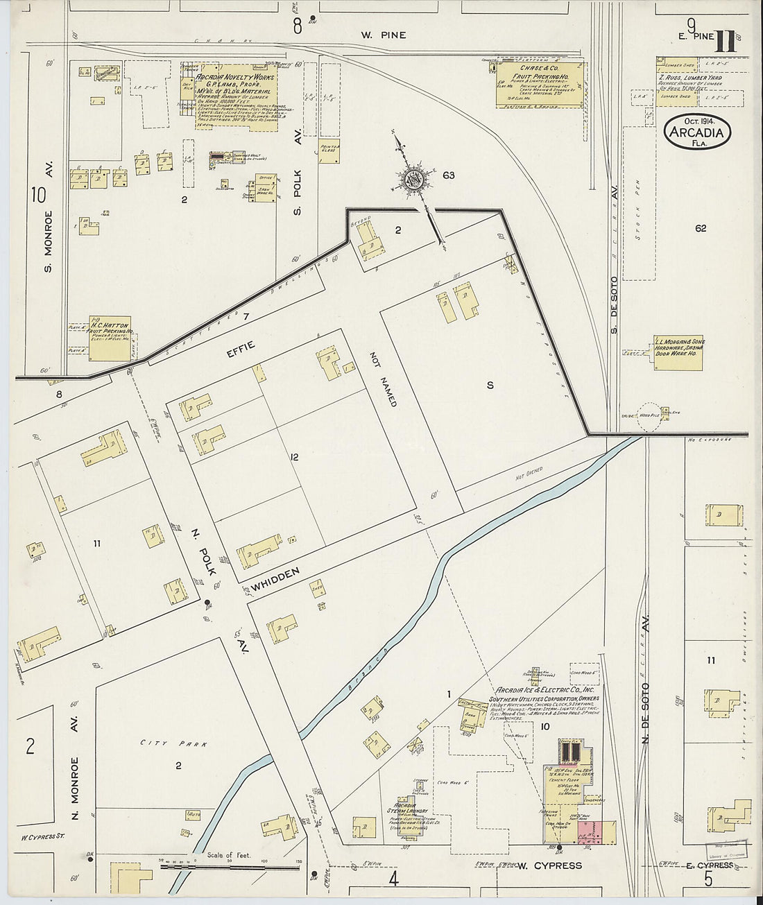 This old map of Arcadia, Desoto County, Florida was created by Sanborn Map Company in 1914