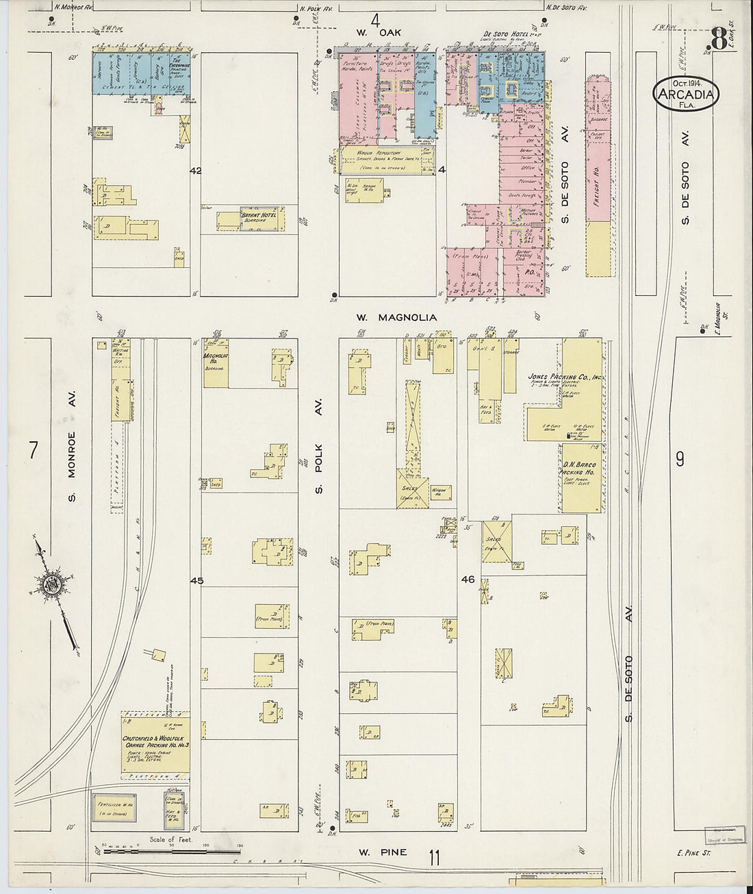 This old map of Arcadia, Desoto County, Florida was created by Sanborn Map Company in 1914