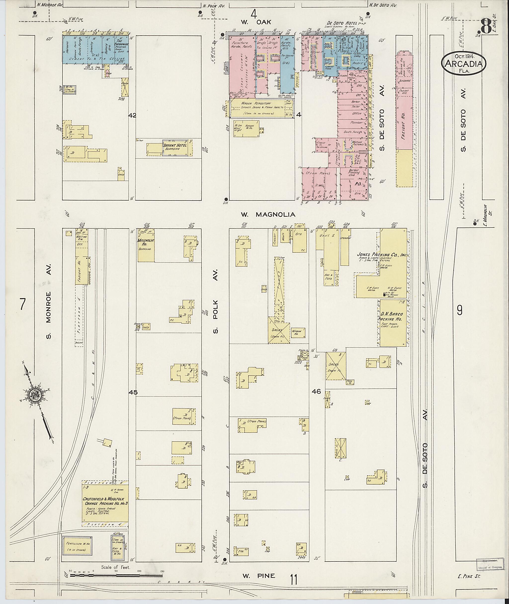 This old map of Arcadia, Desoto County, Florida was created by Sanborn Map Company in 1914