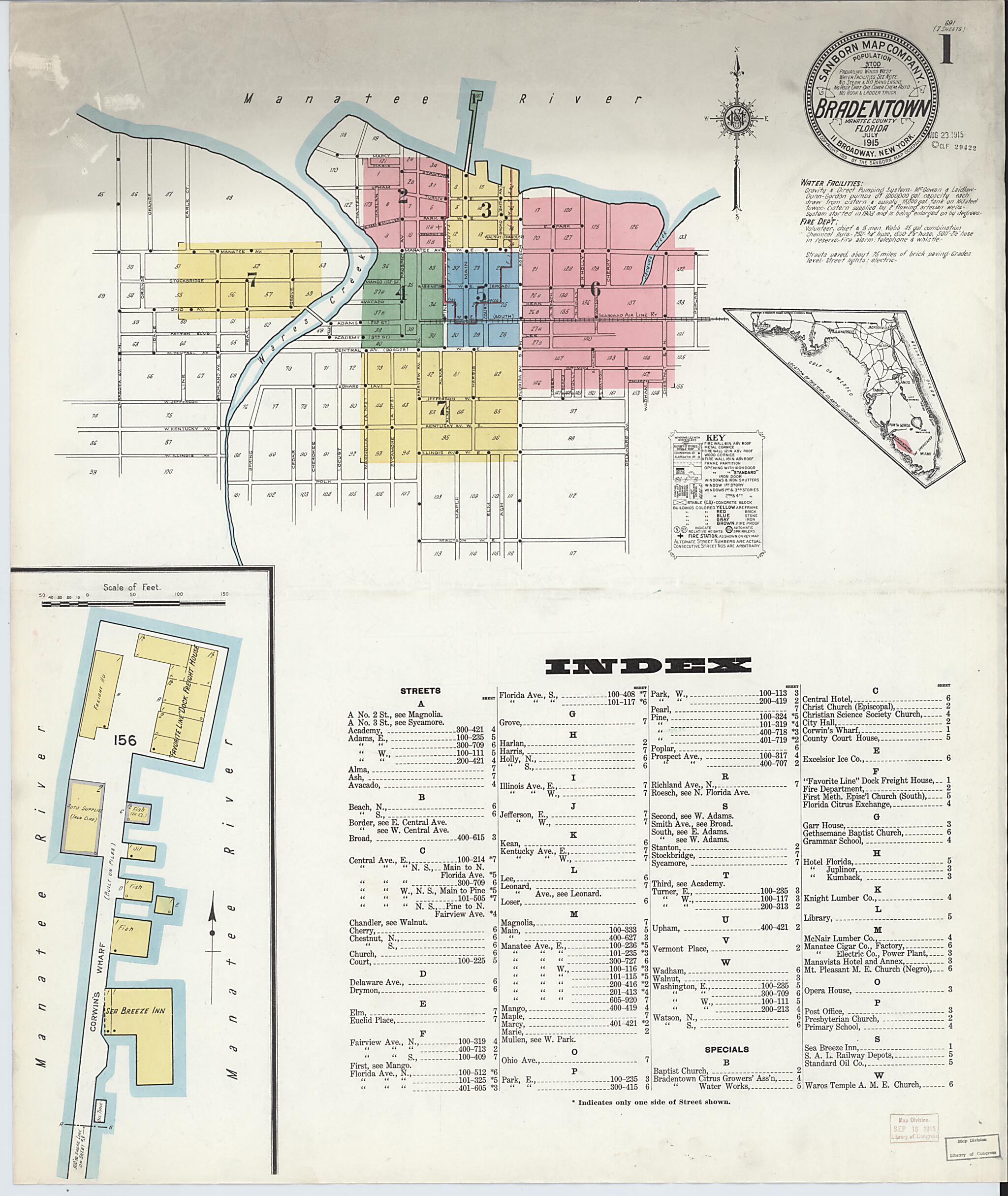 This old map of Bradentown, Manatee County, Florida was created by Sanborn Map Company in 1915