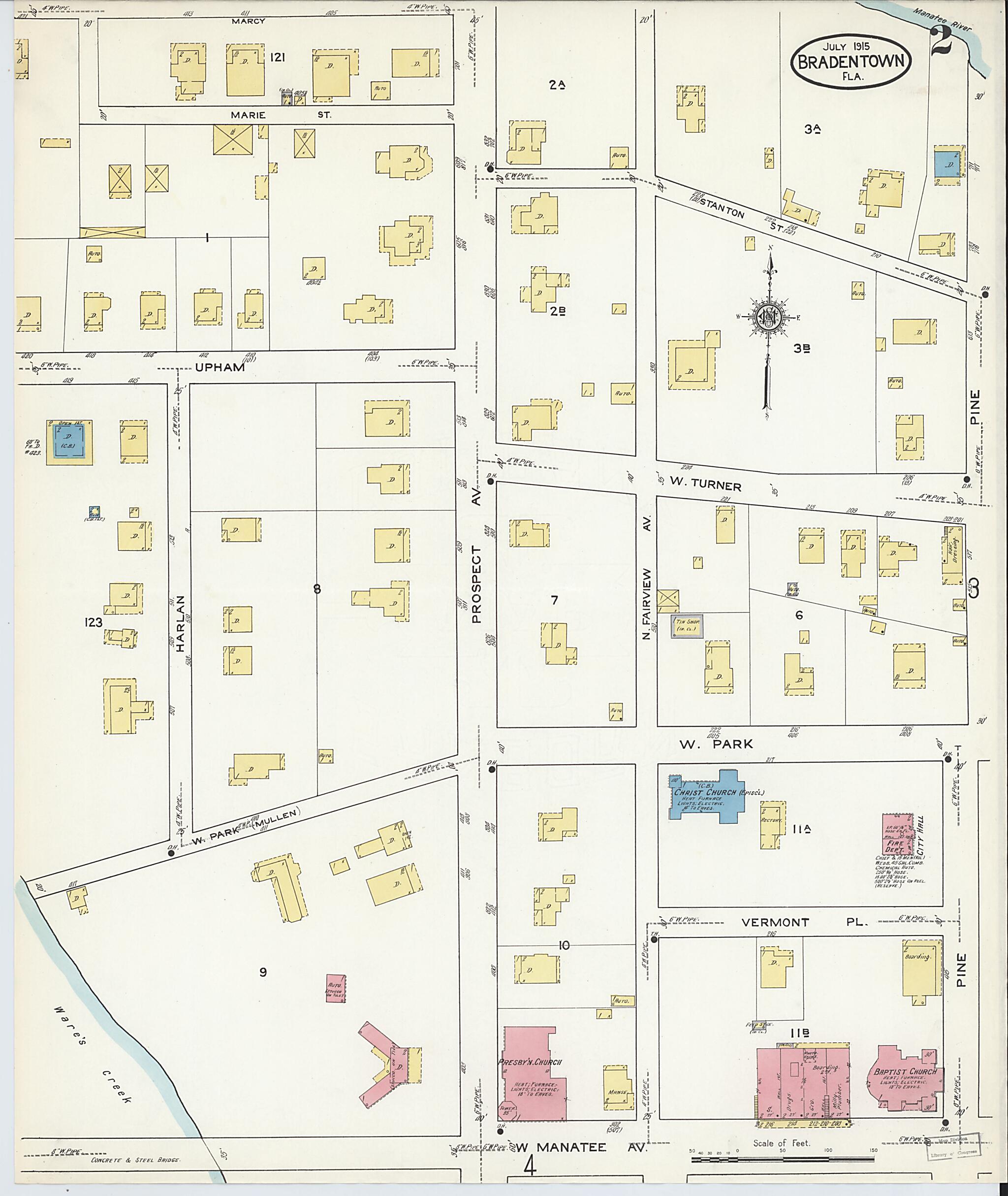 This old map of Bradentown, Manatee County, Florida was created by Sanborn Map Company in 1915