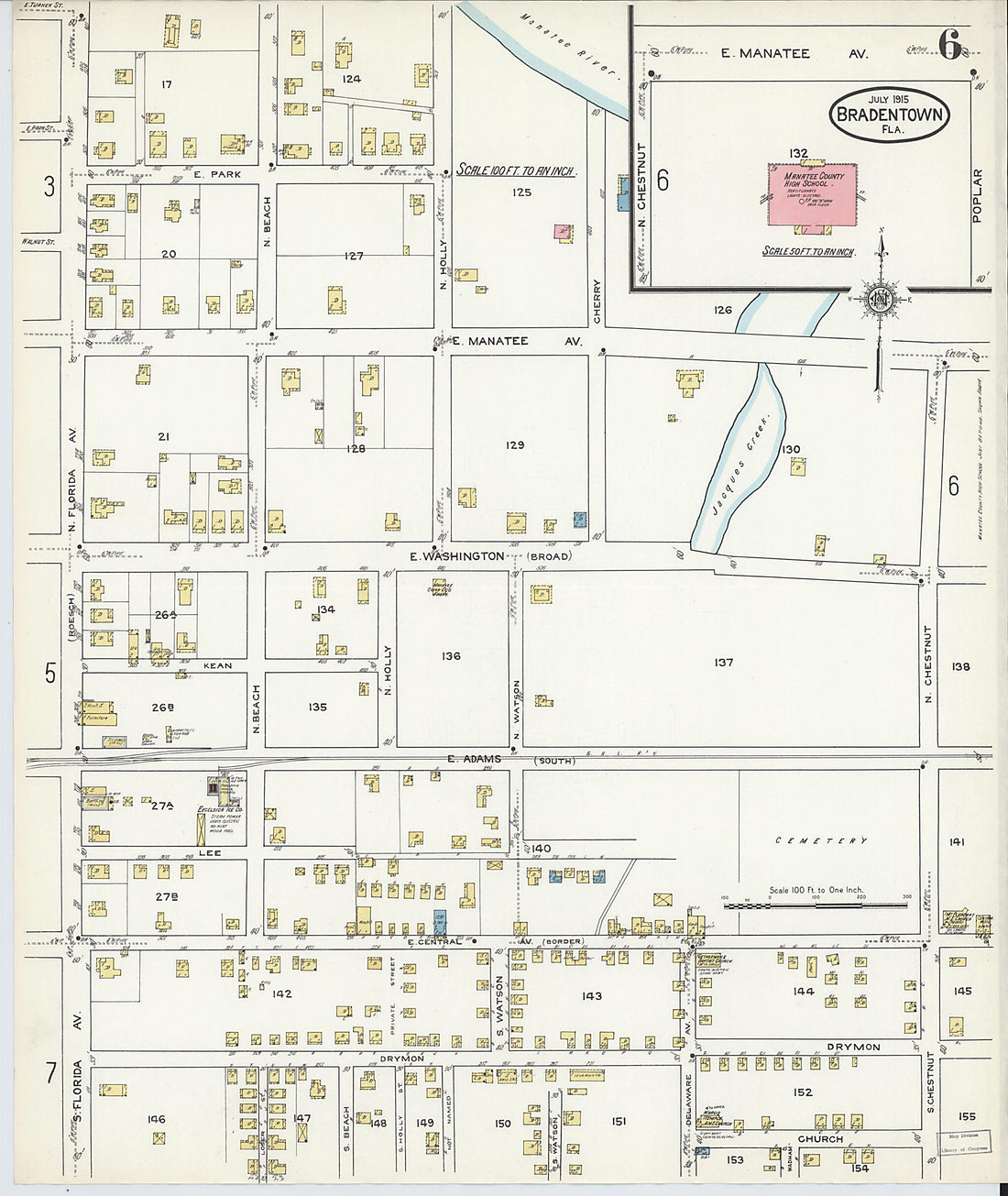 This old map of Bradentown, Manatee County, Florida was created by Sanborn Map Company in 1915