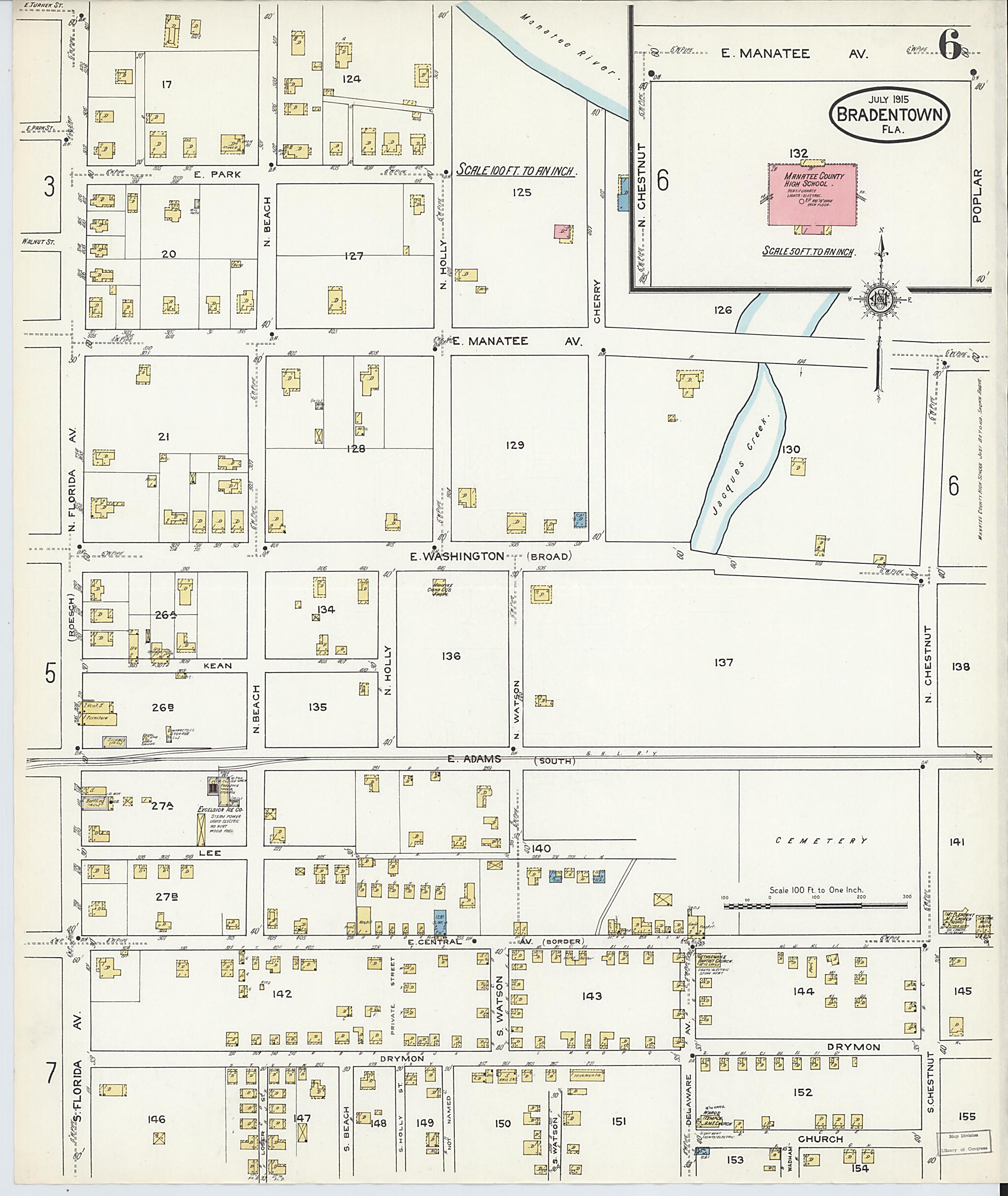 This old map of Bradentown, Manatee County, Florida was created by Sanborn Map Company in 1915