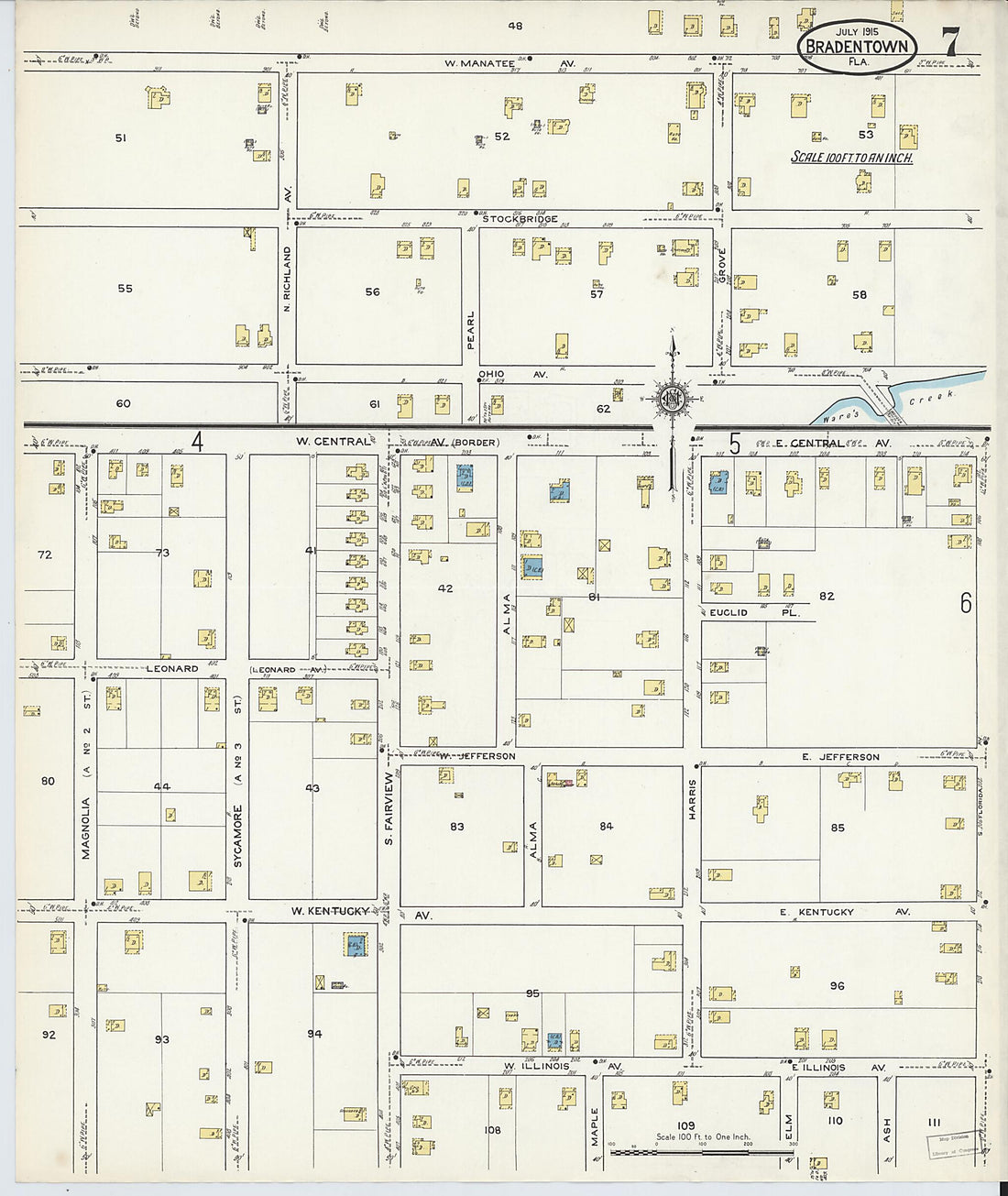 This old map of Bradentown, Manatee County, Florida was created by Sanborn Map Company in 1915