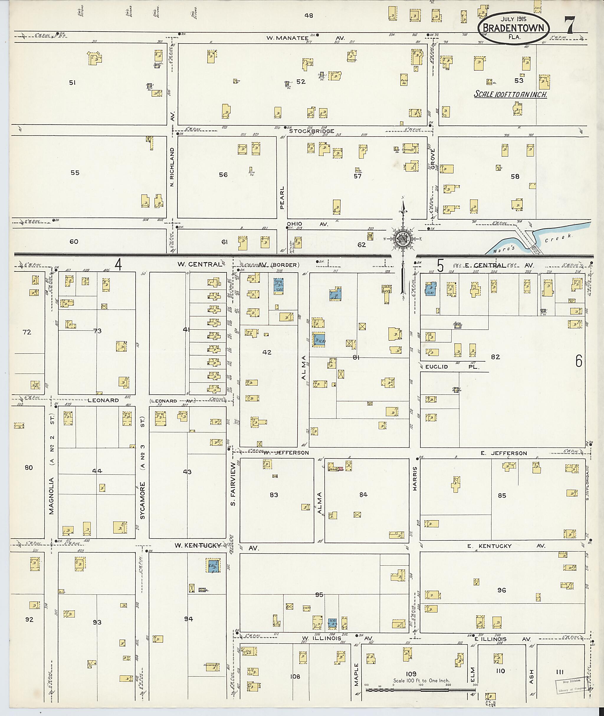 This old map of Bradentown, Manatee County, Florida was created by Sanborn Map Company in 1915