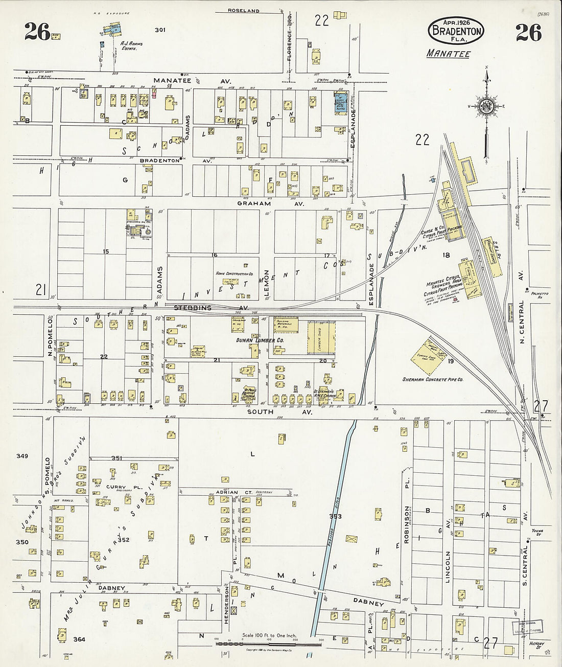 This old map of Manatee, Manatee County, Florida was created by Sanborn Map Company in 1926