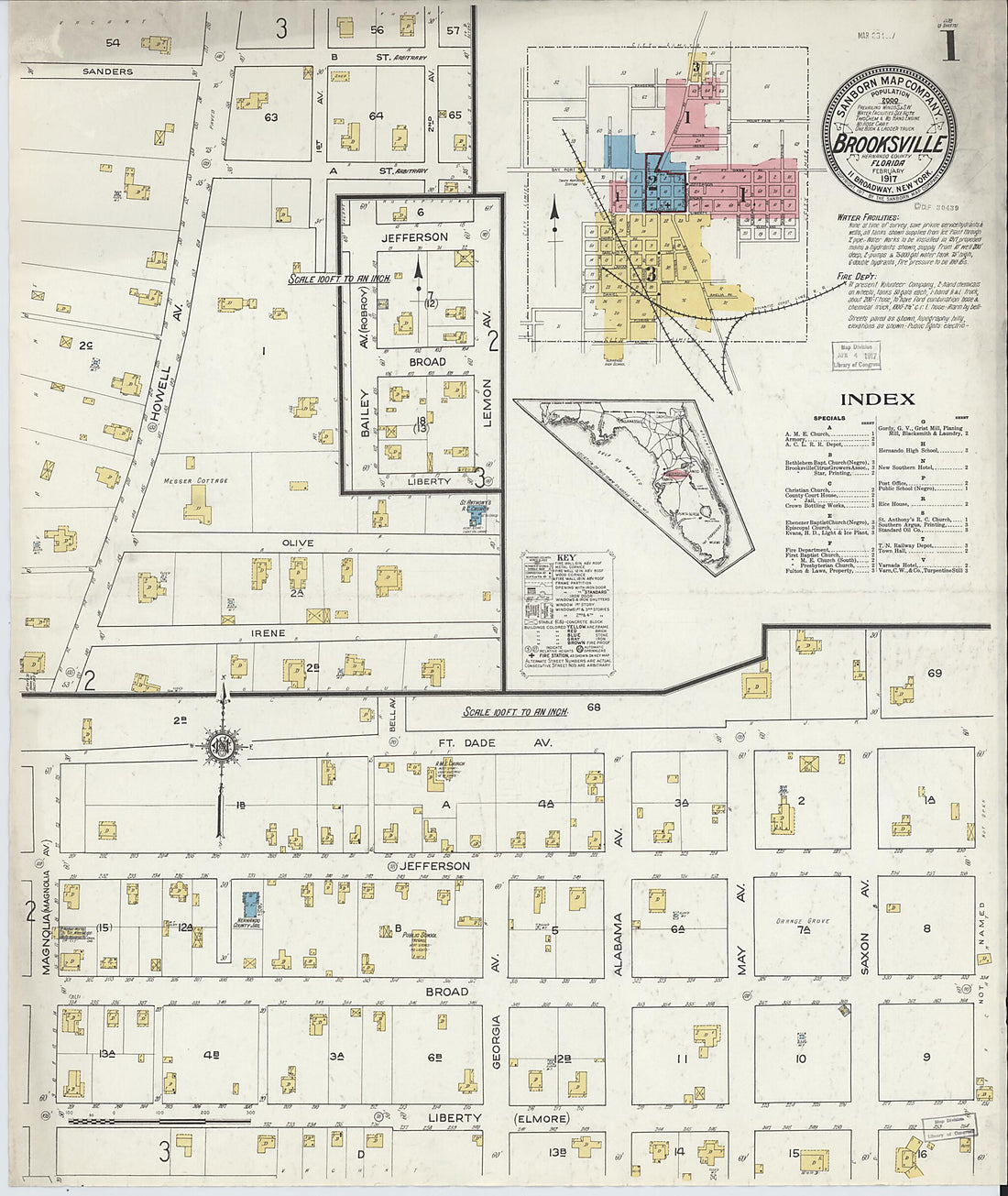 This old map of Brooksville, Hernando County, Florida was created by Sanborn Map Company in 1917