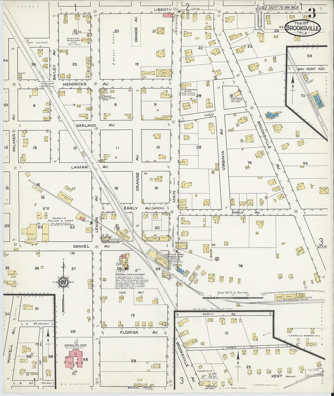 This old map of Brooksville, Hernando County, Florida was created by Sanborn Map Company in 1917