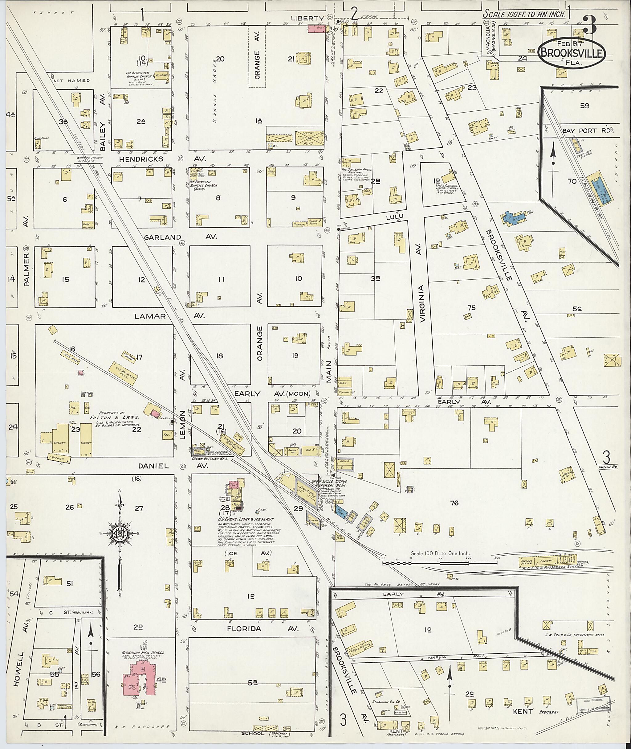 This old map of Brooksville, Hernando County, Florida was created by Sanborn Map Company in 1917