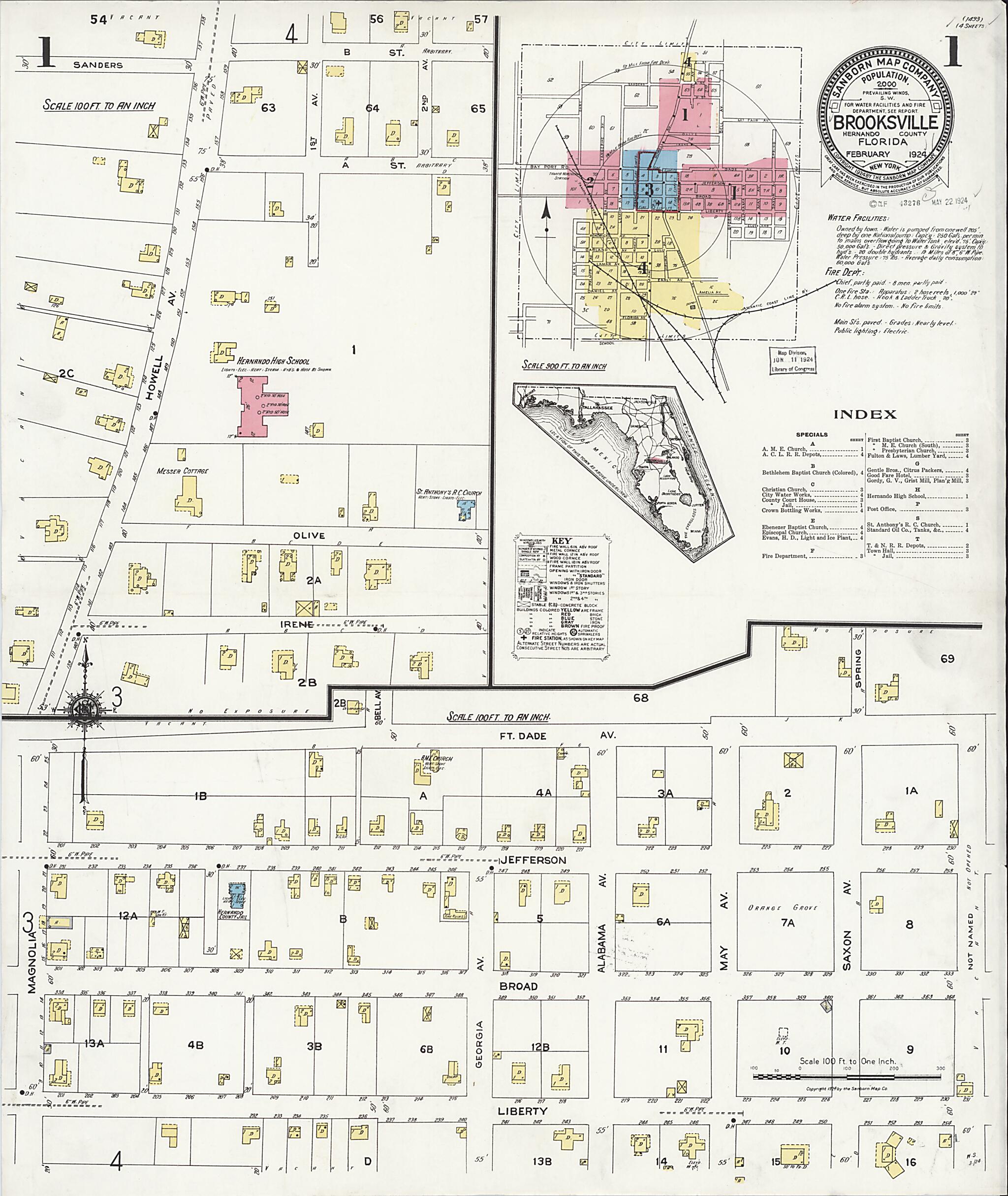 This old map of Brooksville, Hernando County, Florida was created by Sanborn Map Company in 1924