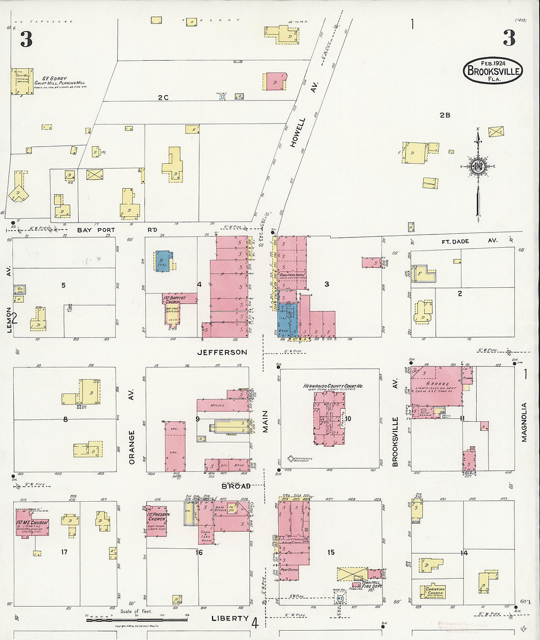 This old map of Brooksville, Hernando County, Florida was created by Sanborn Map Company in 1924
