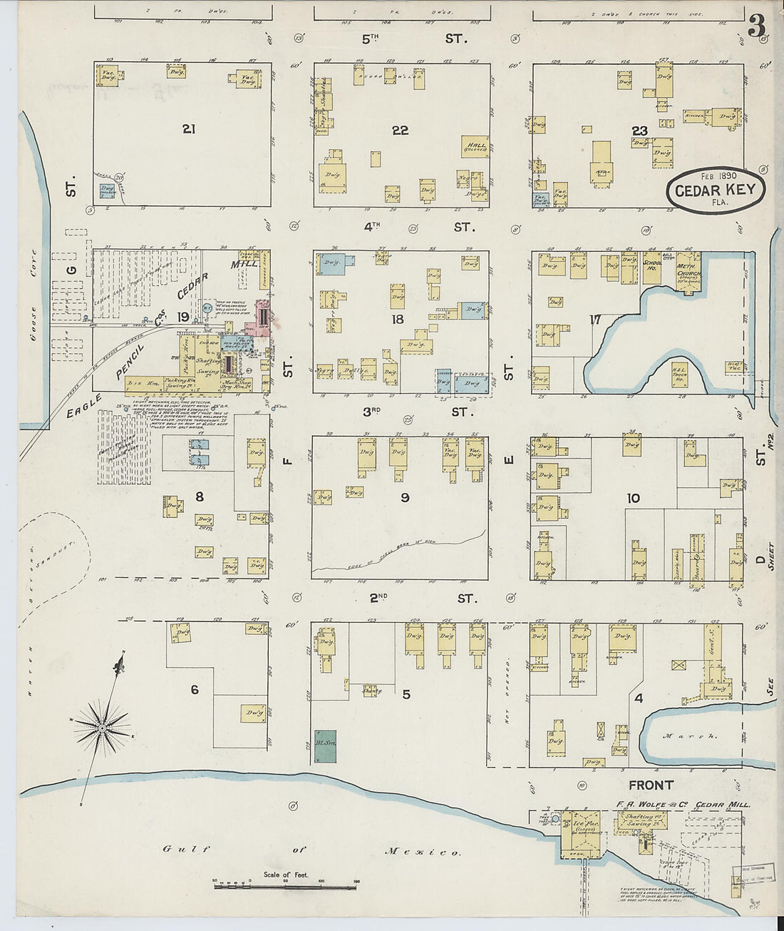 This old map of Cedar Key, Levy County, Florida was created by Sanborn Map Company in 1890