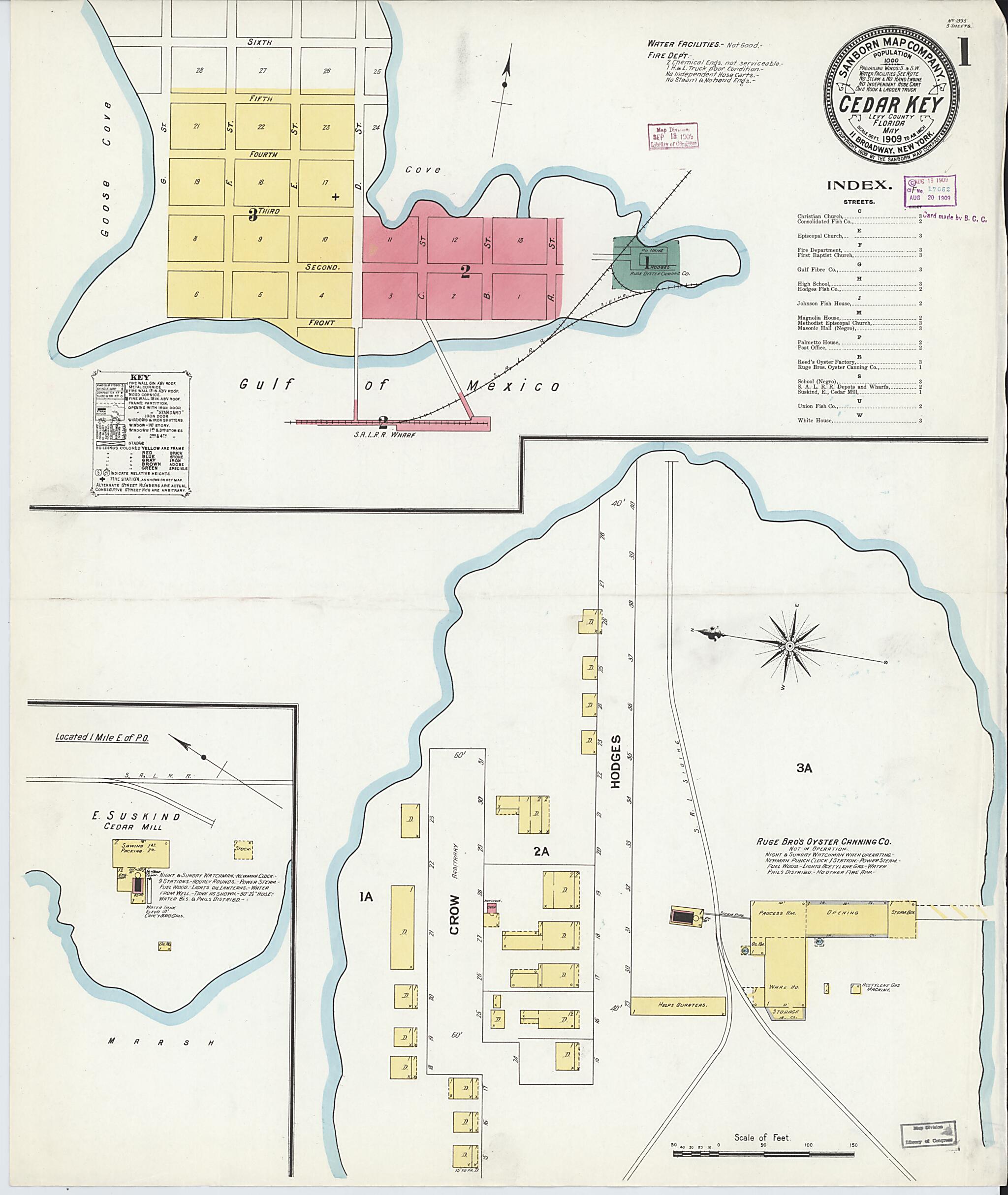 This old map of Cedar Key, Levy County, Florida was created by Sanborn Map Company in 1909