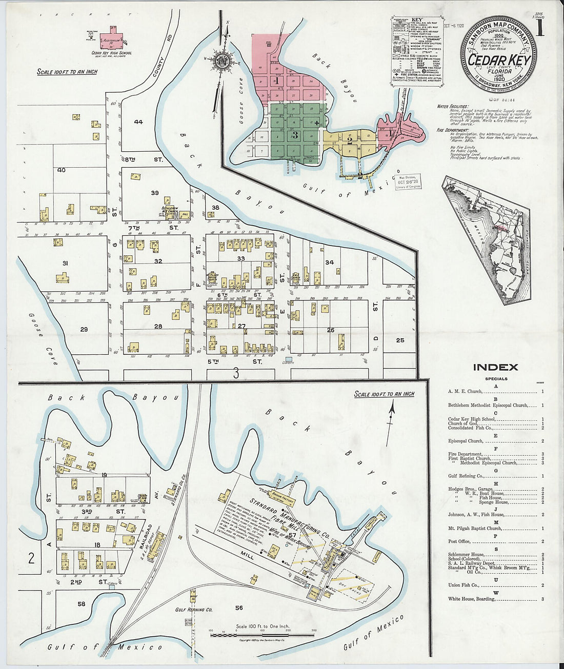 This old map of Cedar Key, Levy County, Florida was created by Sanborn Map Company in 1920