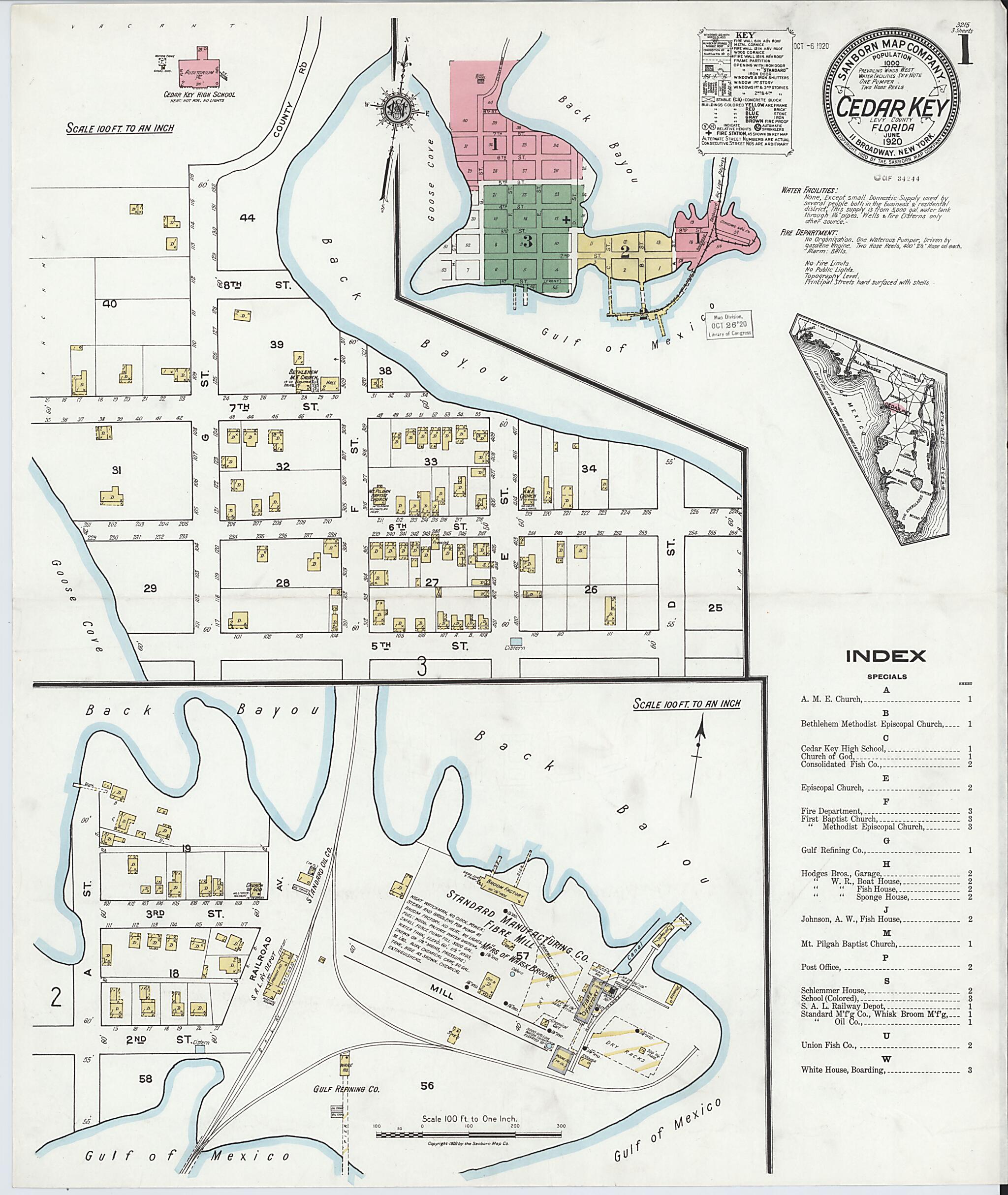 This old map of Cedar Key, Levy County, Florida was created by Sanborn Map Company in 1920
