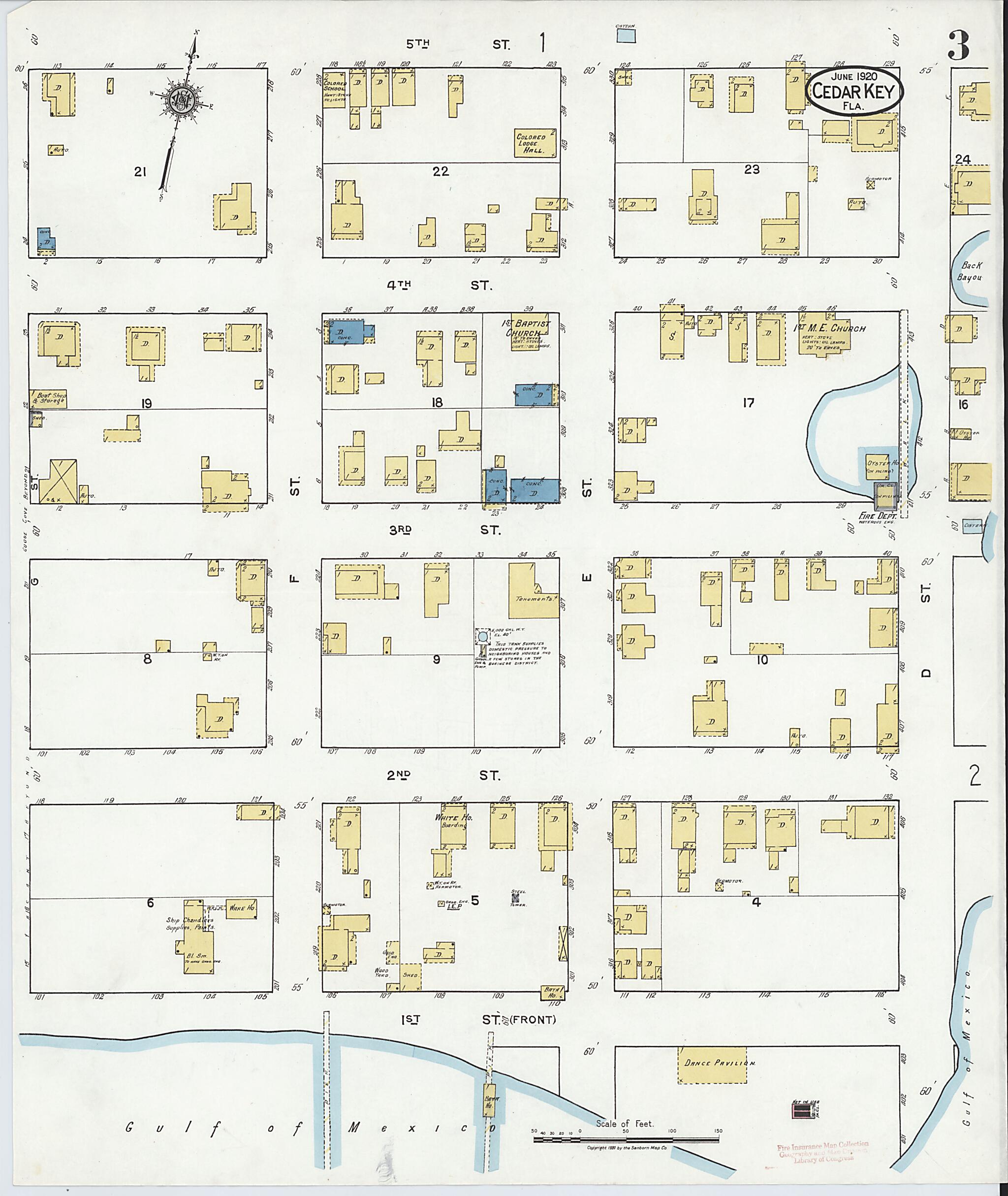 This old map of Cedar Key, Levy County, Florida was created by Sanborn Map Company in 1920