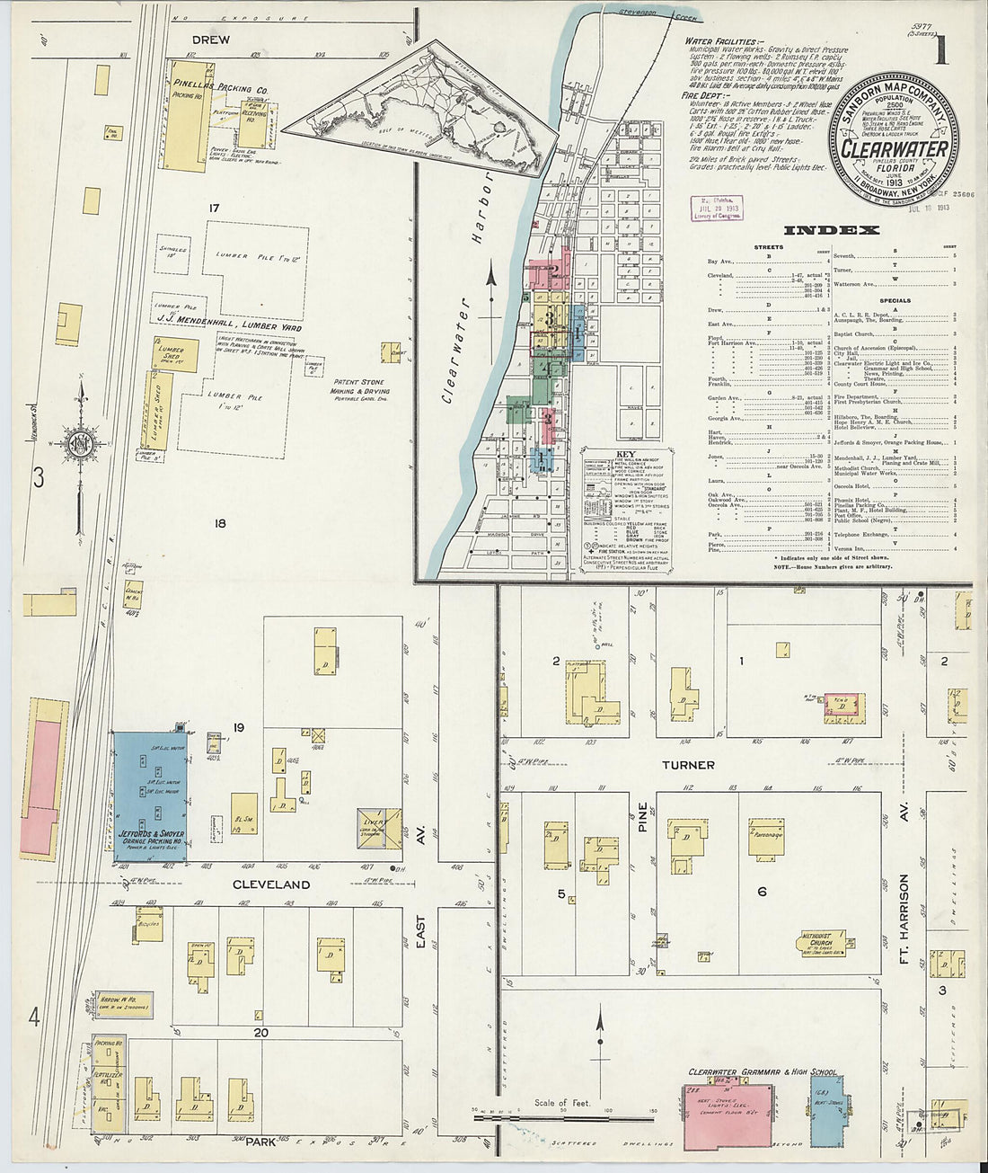 This old map of Clearwater, Pinellas County, Florida was created by Sanborn Map Company in 1913