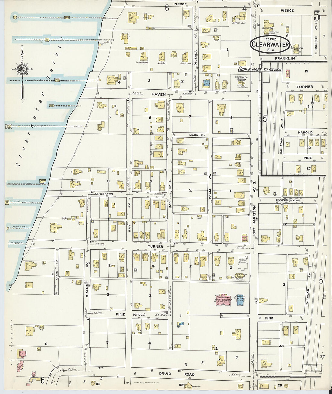 This old map of Clearwater, Pinellas County, Florida was created by Sanborn Map Company in 1917