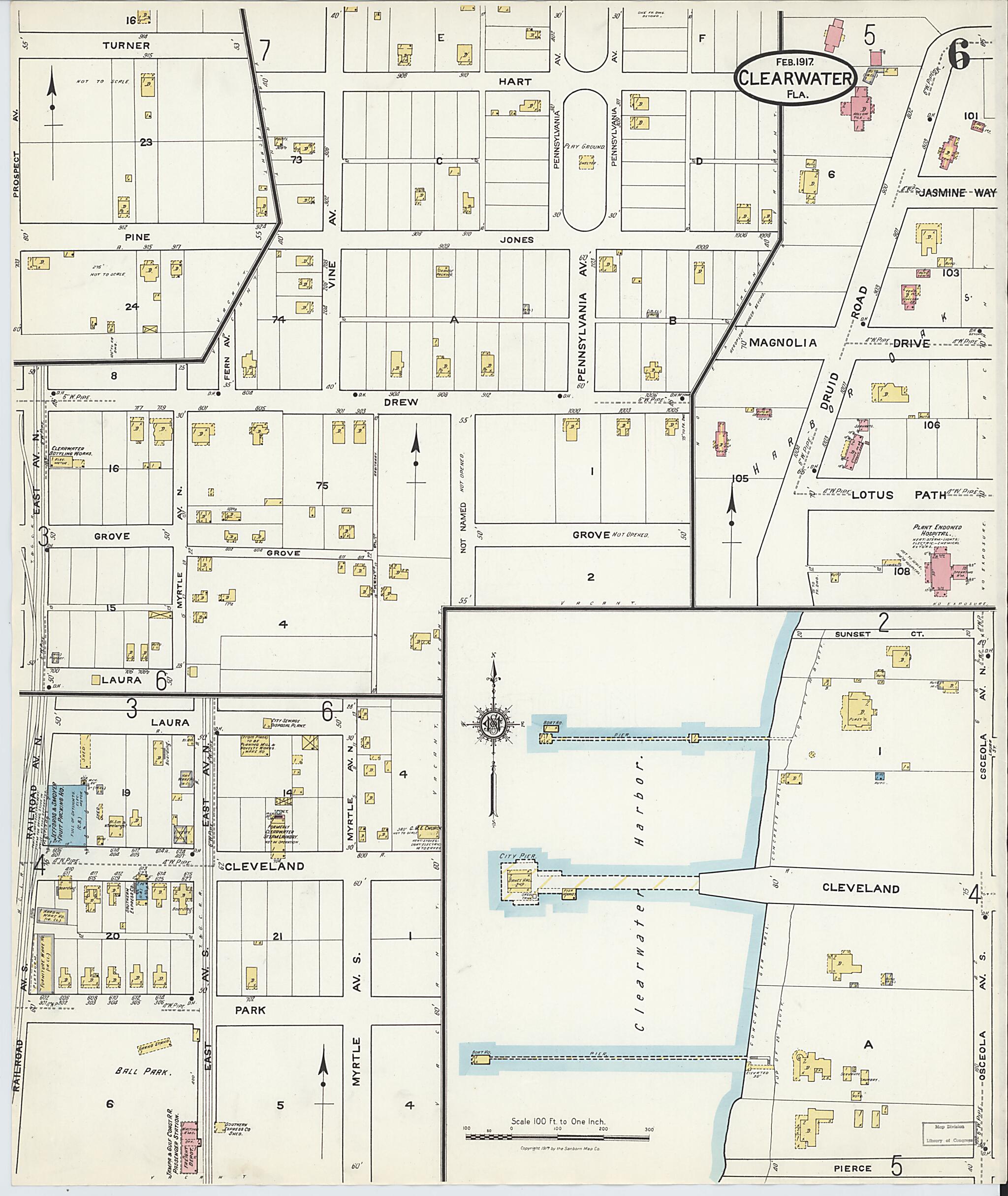 This old map of Clearwater, Pinellas County, Florida was created by Sanborn Map Company in 1917