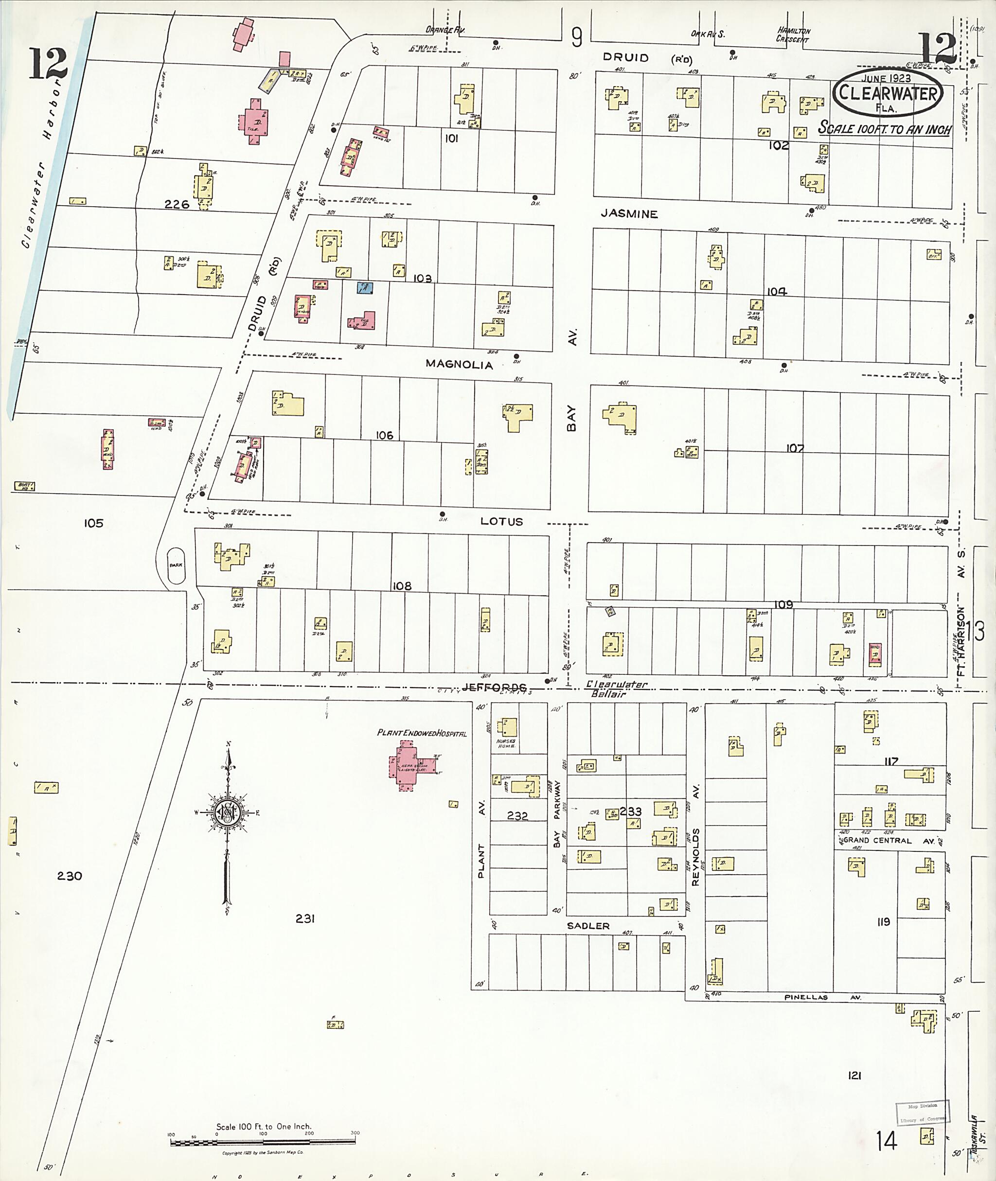This old map of Clearwater, Pinellas County, Florida was created by Sanborn Map Company in 1923