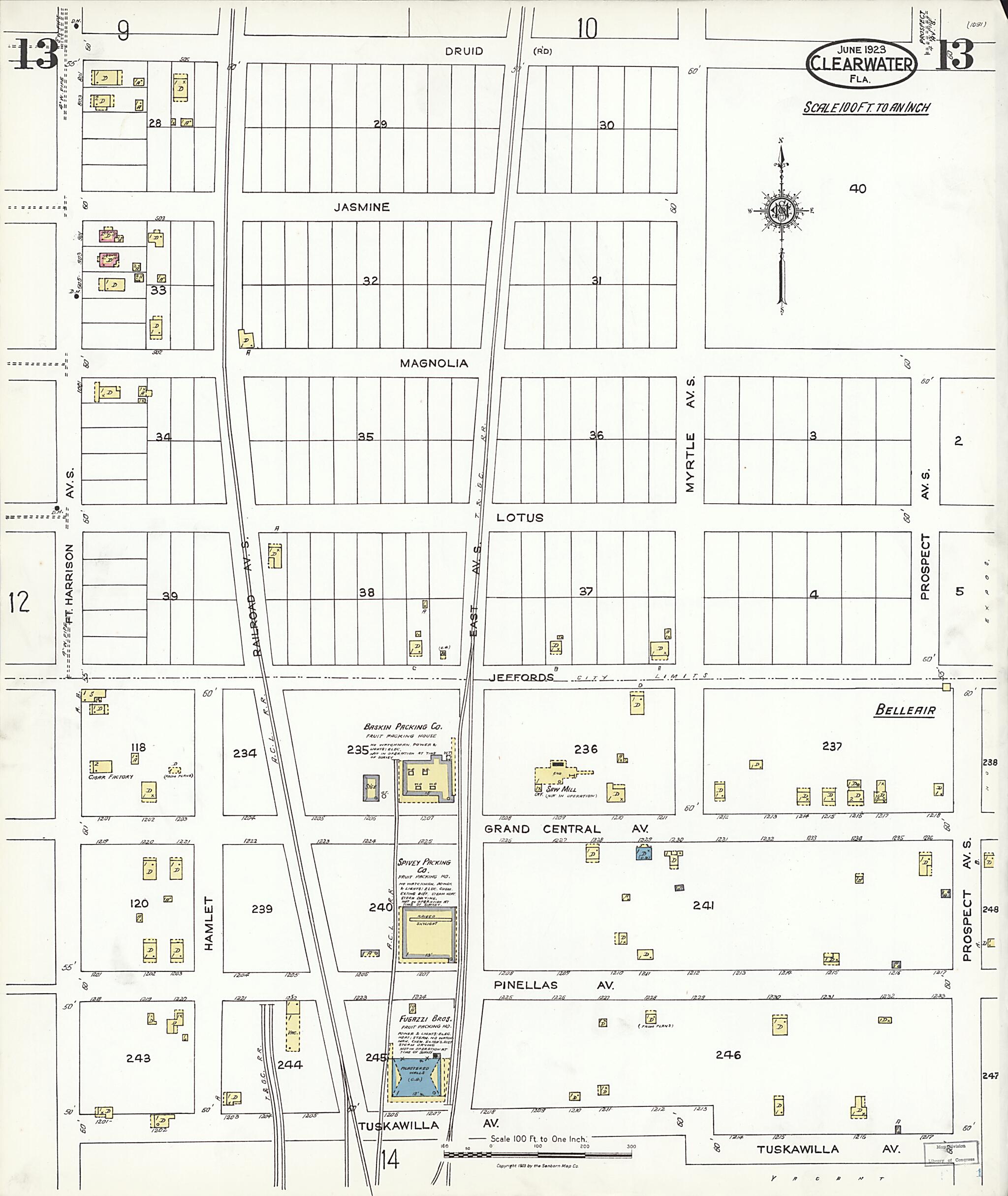 This old map of Clearwater, Pinellas County, Florida was created by Sanborn Map Company in 1923