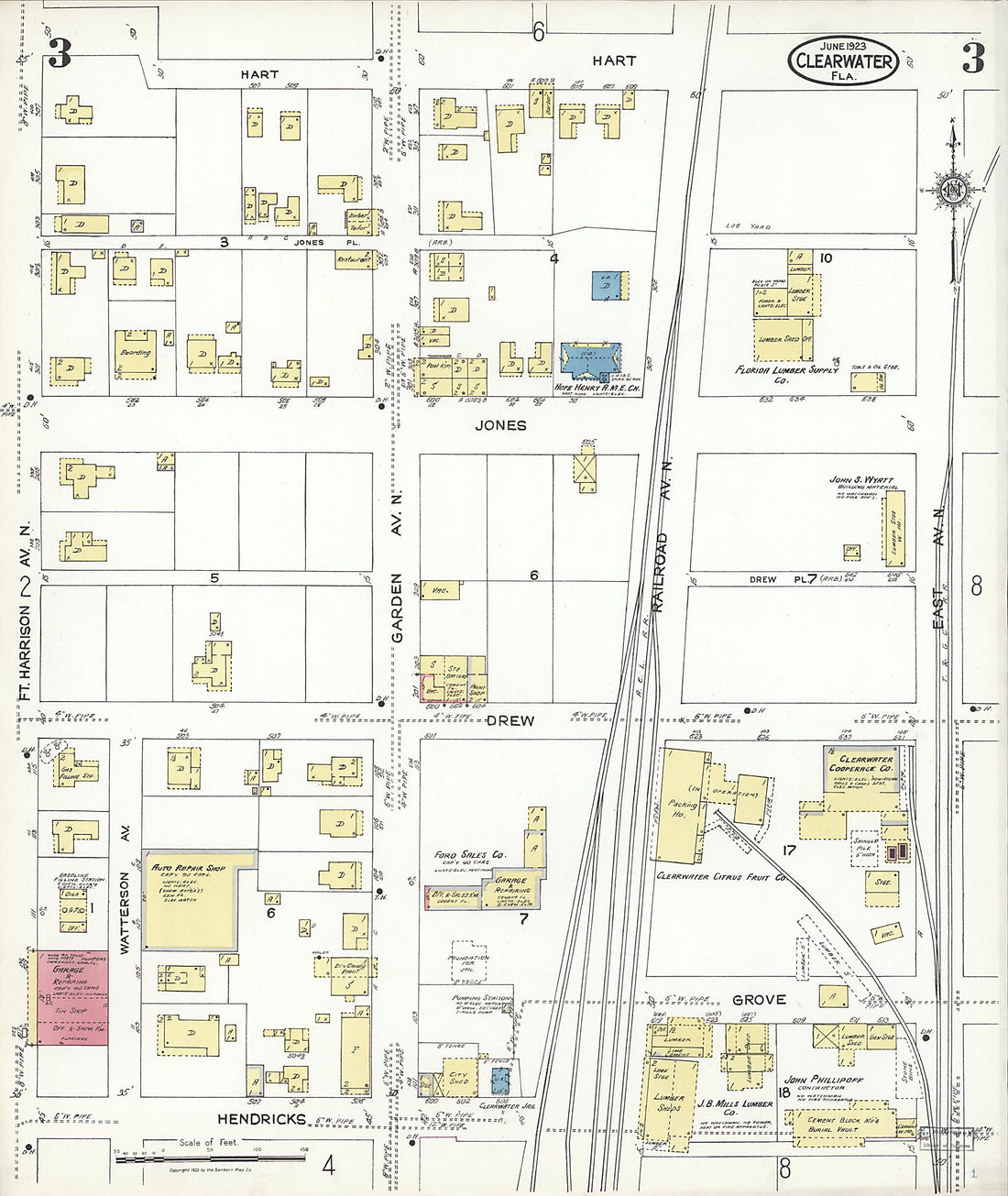 This old map of Clearwater, Pinellas County, Florida was created by Sanborn Map Company in 1923