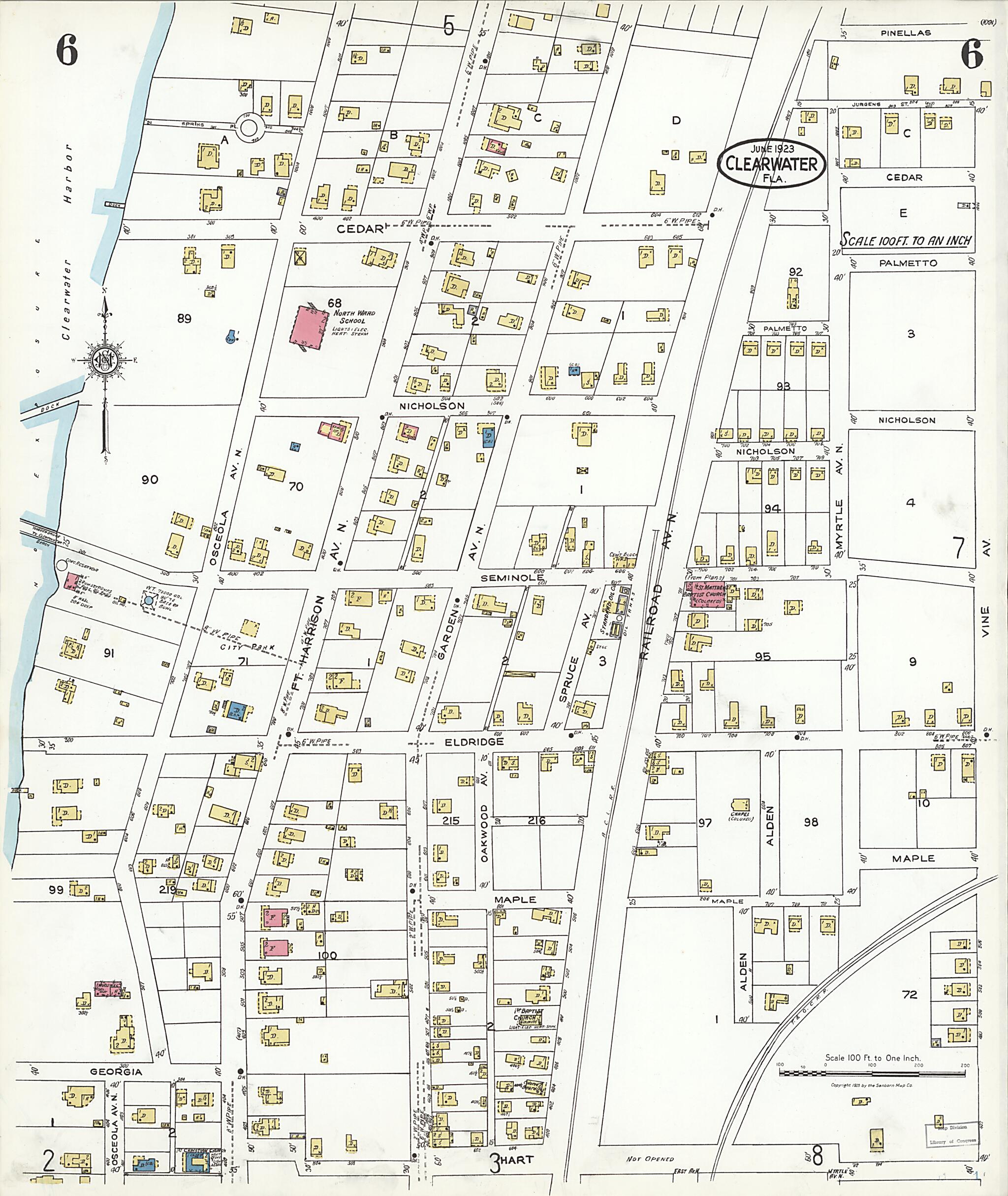 This old map of Clearwater, Pinellas County, Florida was created by Sanborn Map Company in 1923