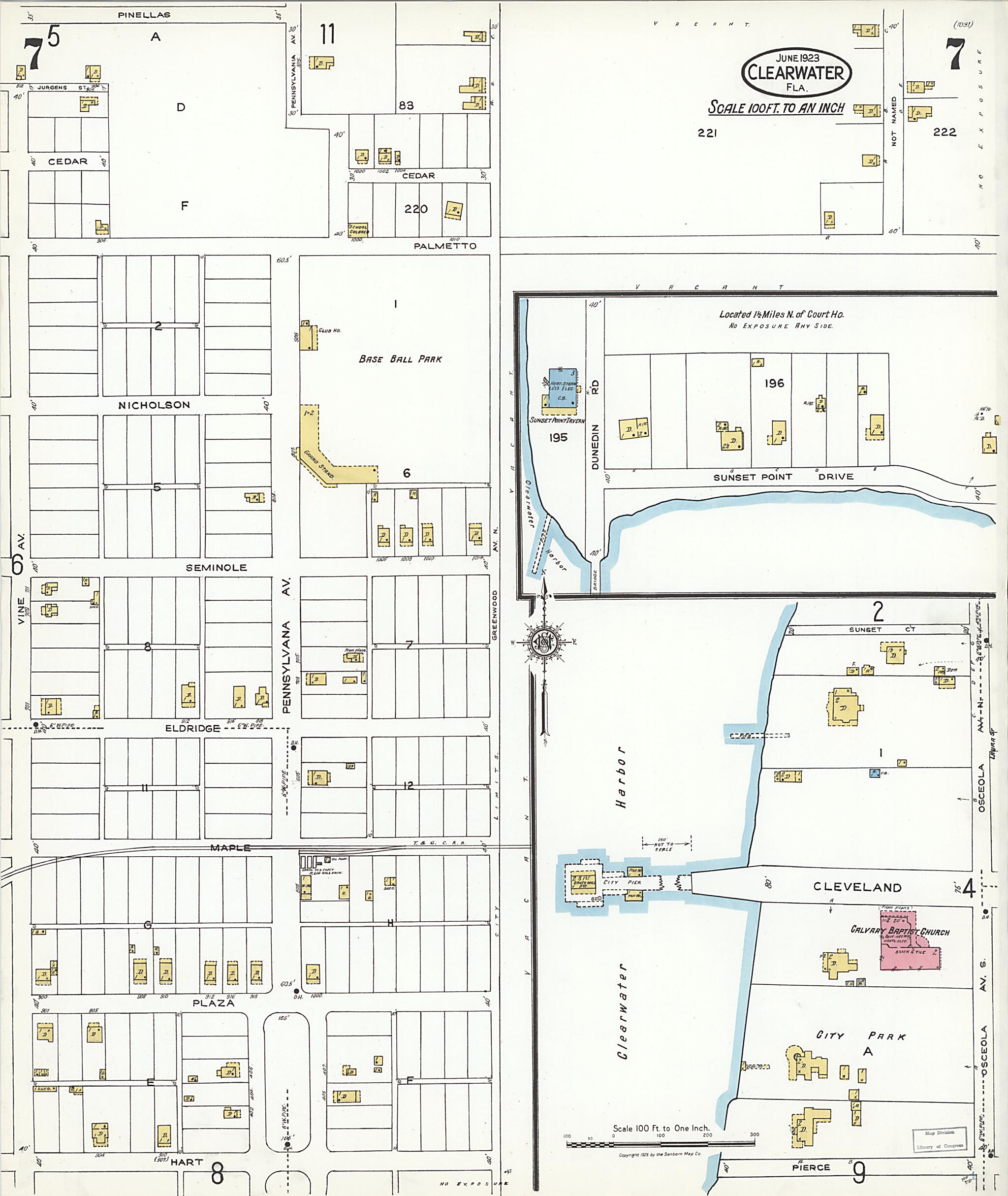 This old map of Clearwater, Pinellas County, Florida was created by Sanborn Map Company in 1923
