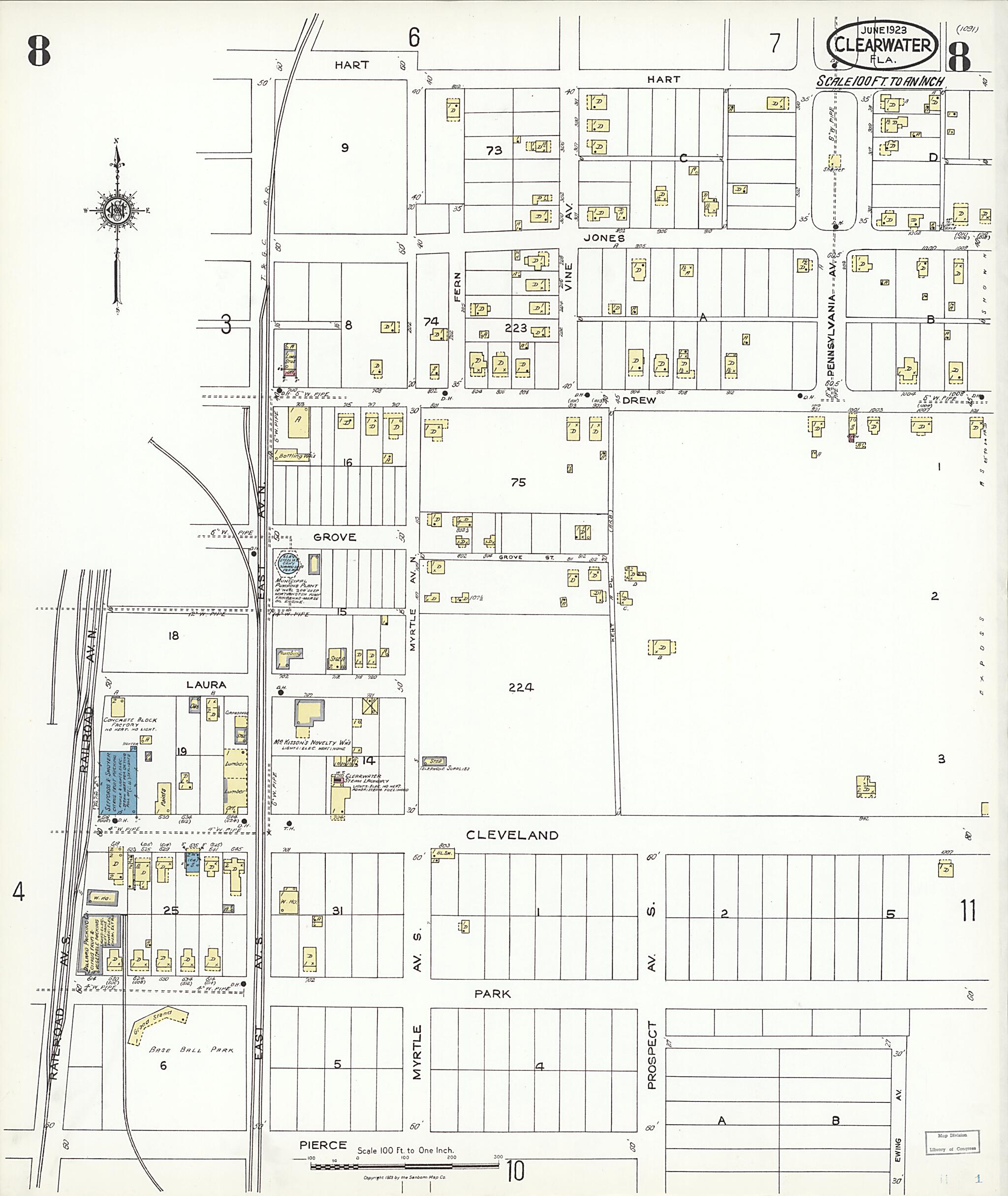 This old map of Clearwater, Pinellas County, Florida was created by Sanborn Map Company in 1923