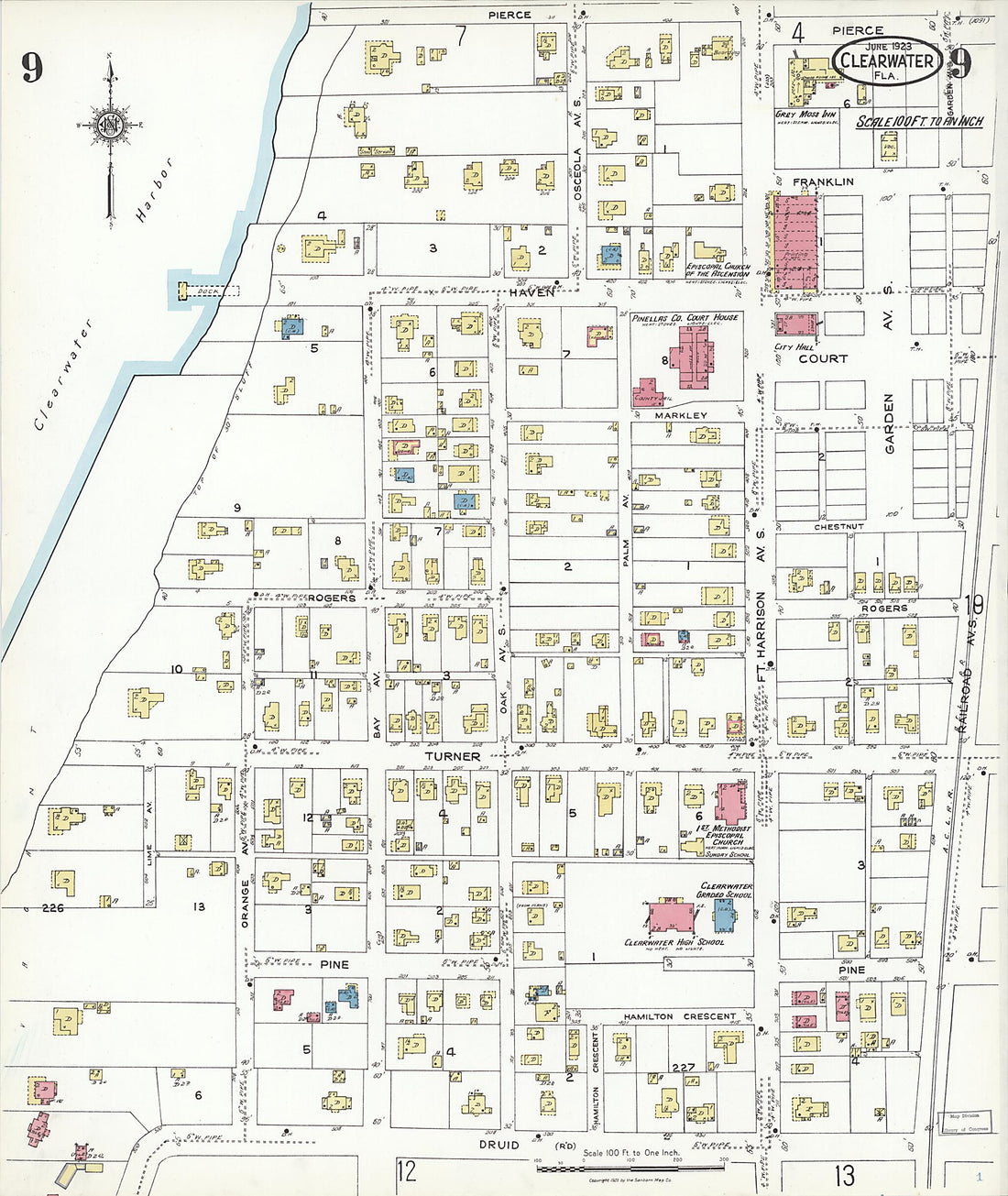 This old map of Clearwater, Pinellas County, Florida was created by Sanborn Map Company in 1923