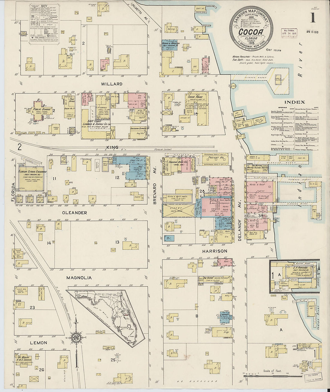 This old map of Cocoa, Brevard County, Florida was created by Sanborn Map Company in 1915