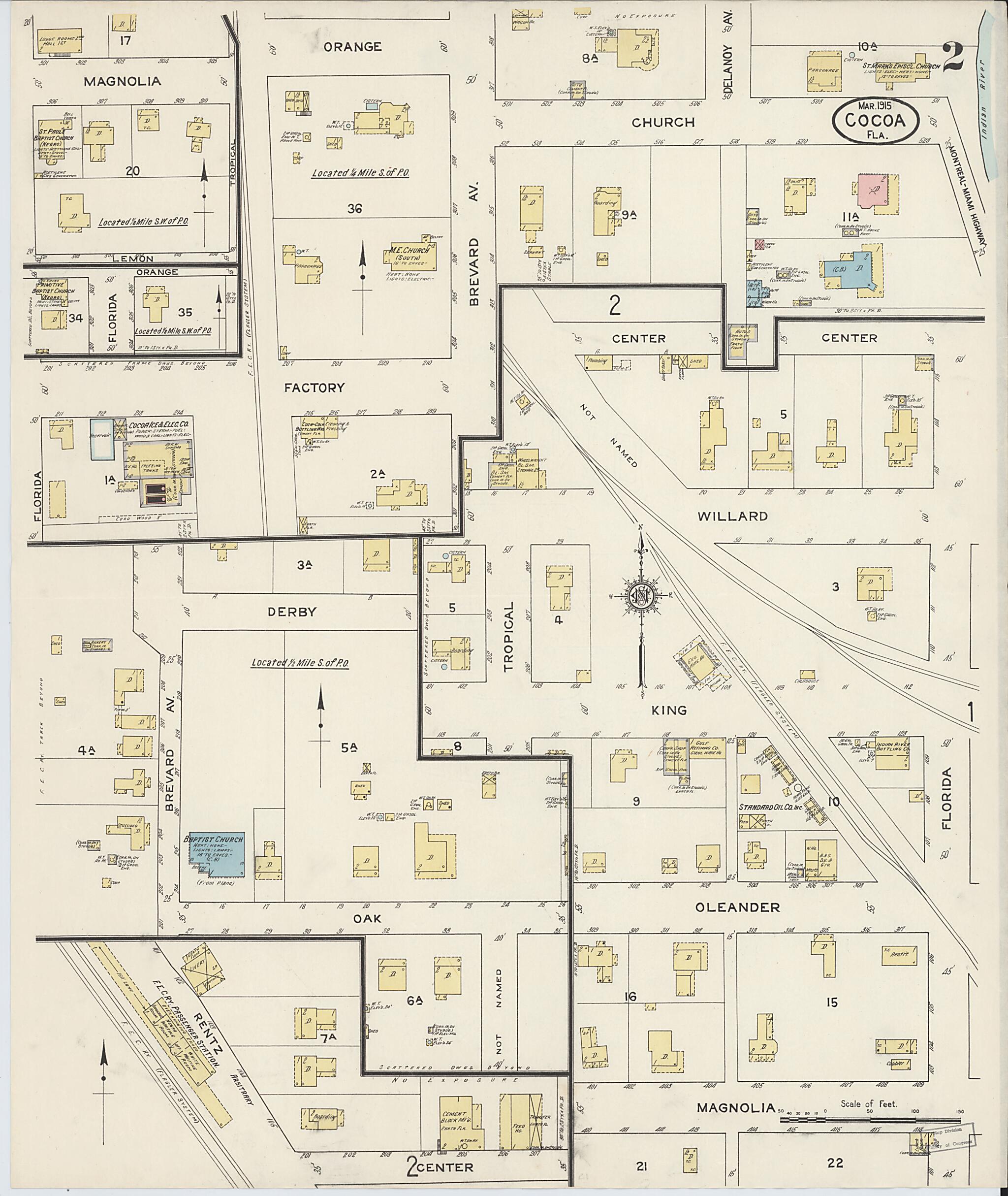 This old map of Cocoa, Brevard County, Florida was created by Sanborn Map Company in 1915