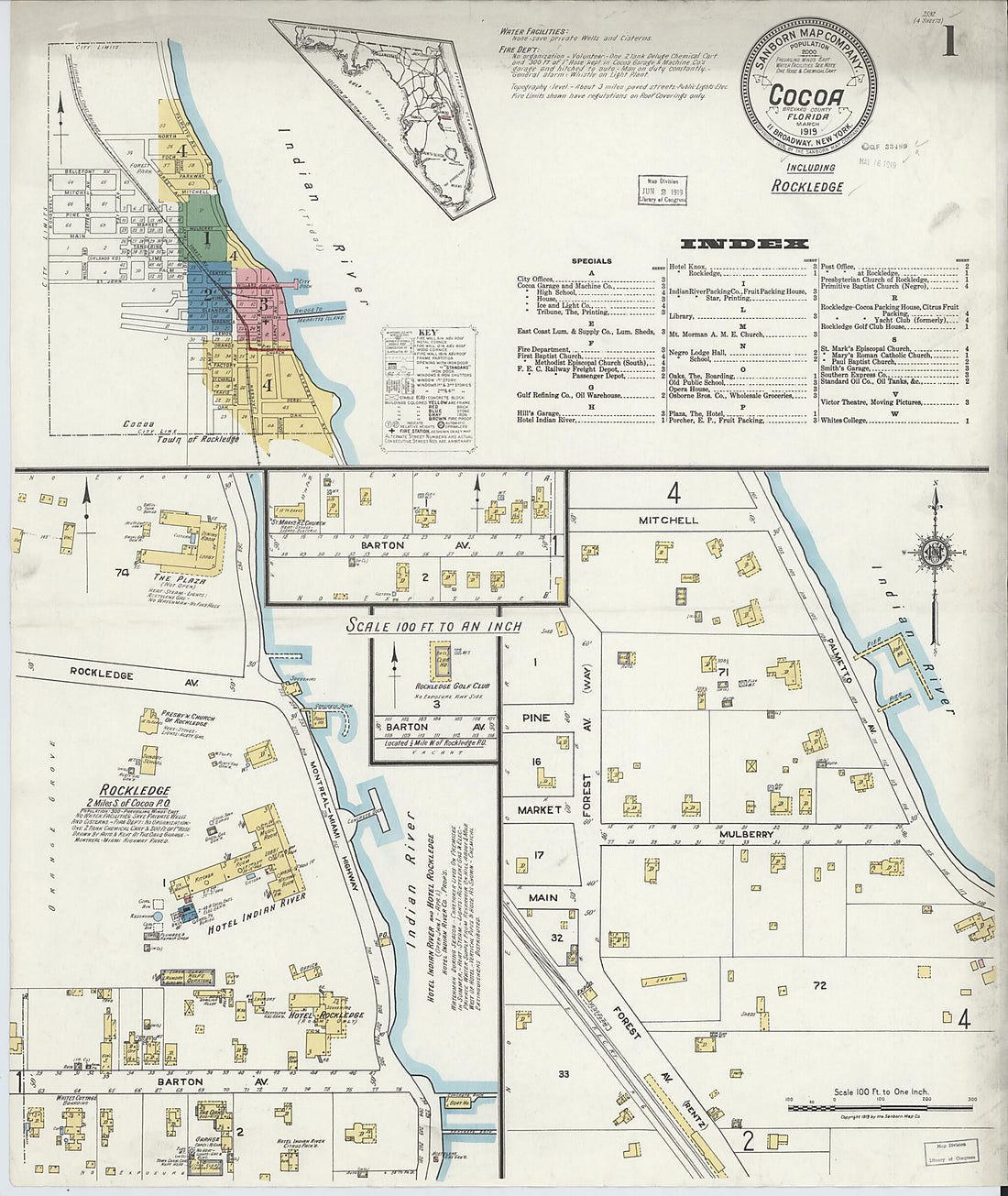 This old map of Rockledge, Brevard County, Florida was created by Sanborn Map Company in 1919